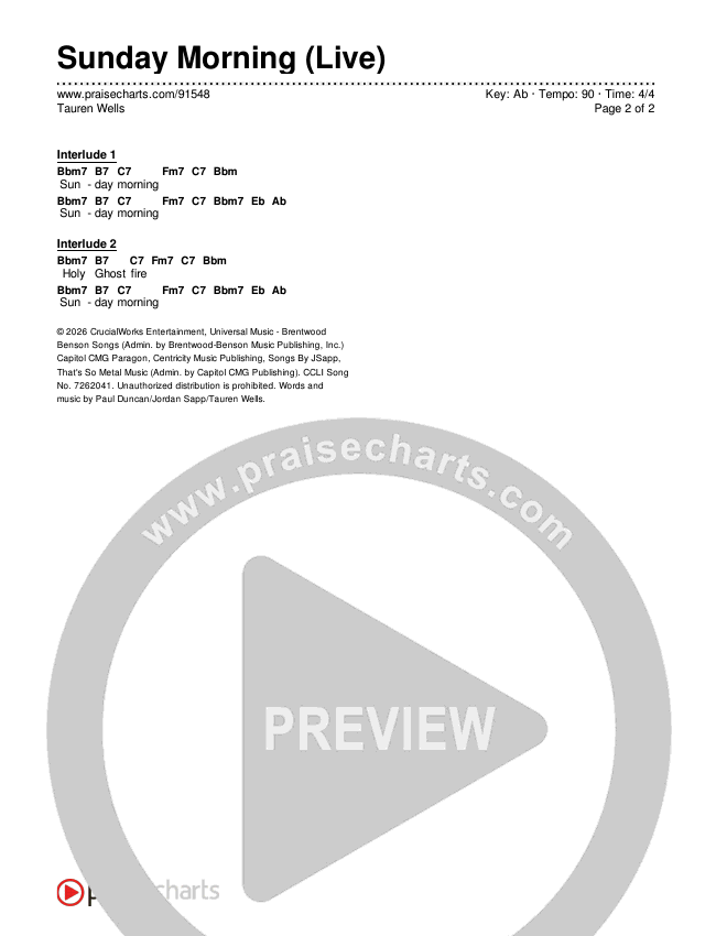 Sunday Morning (Live) Chords & Lyrics (Tauren Wells)
