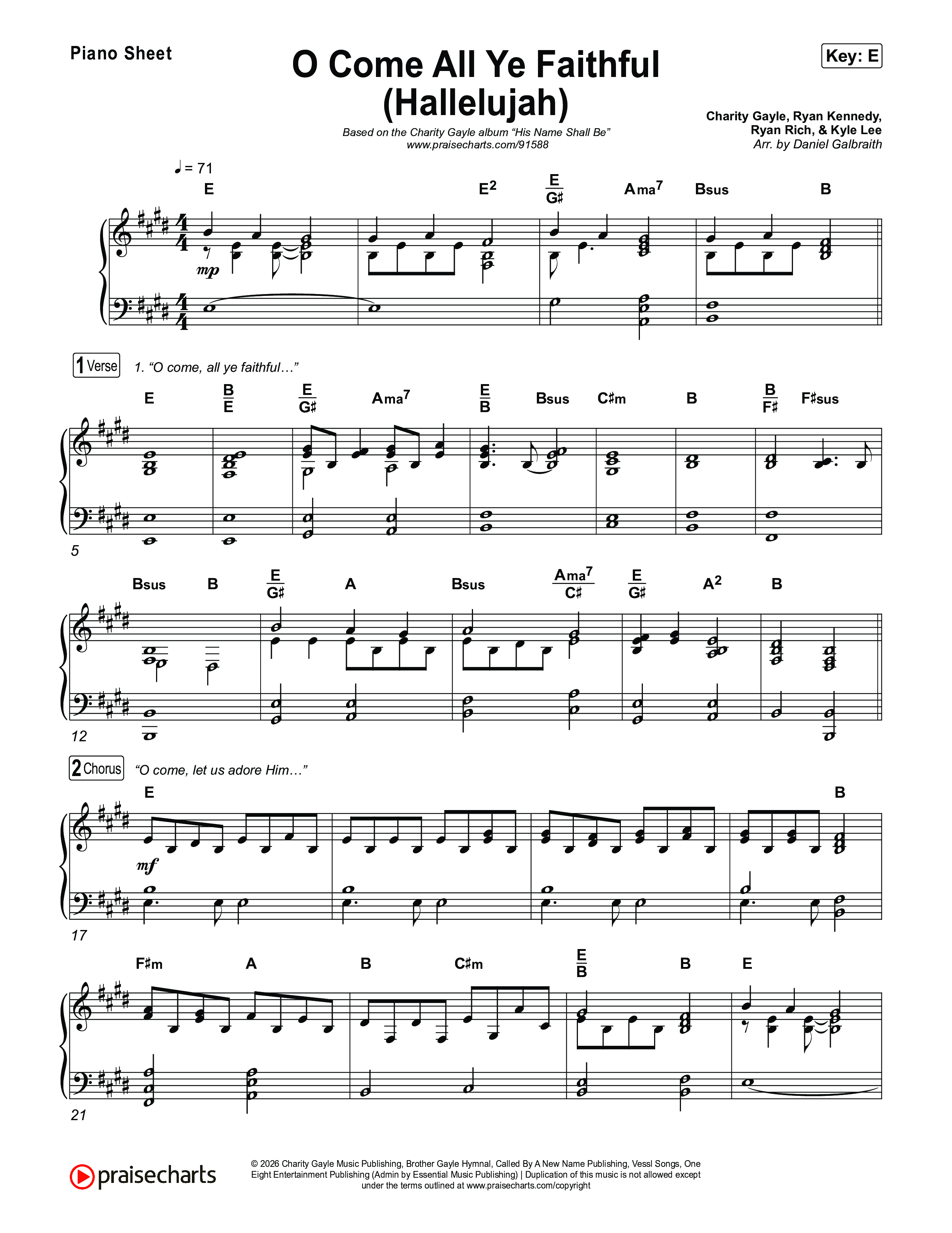 O Come All Ye Faithful (Hallelujah) Piano Sheet (Charity Gayle)