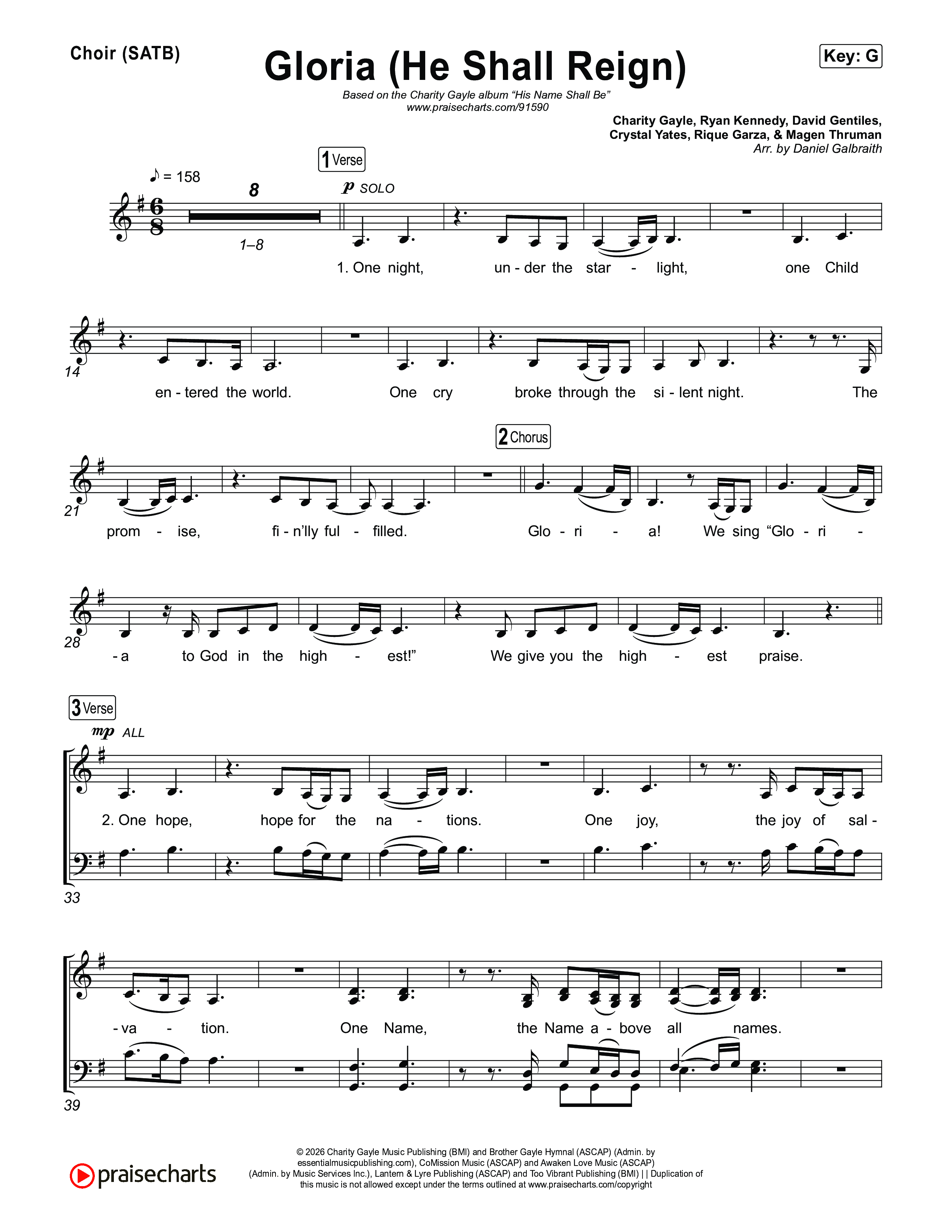 Gloria (He Shall Reign) Choir Sheet (SATB) (Charity Gayle)