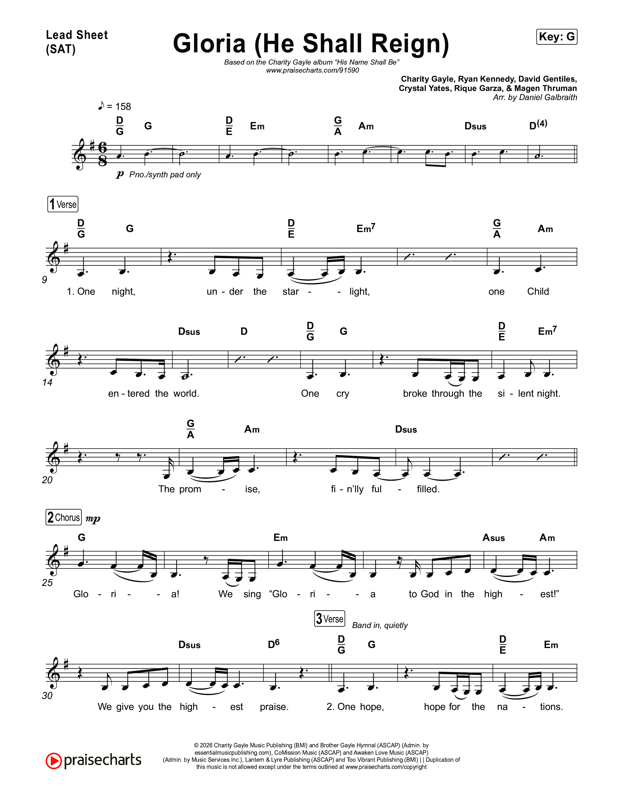 Gloria (He Shall Reign) Lead Sheet (SAT) (Charity Gayle)