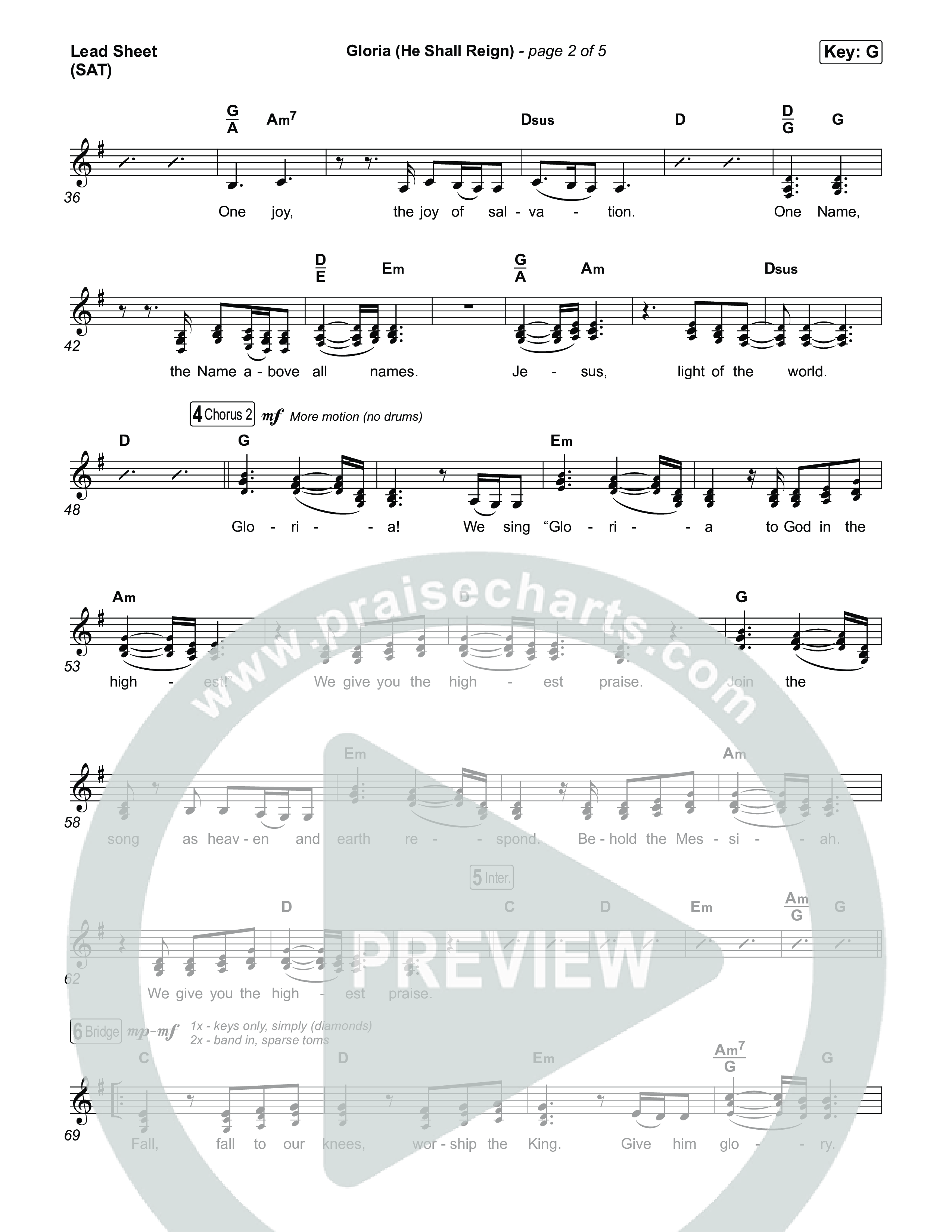 Gloria (He Shall Reign) Lead Sheet (SAT) (Charity Gayle)