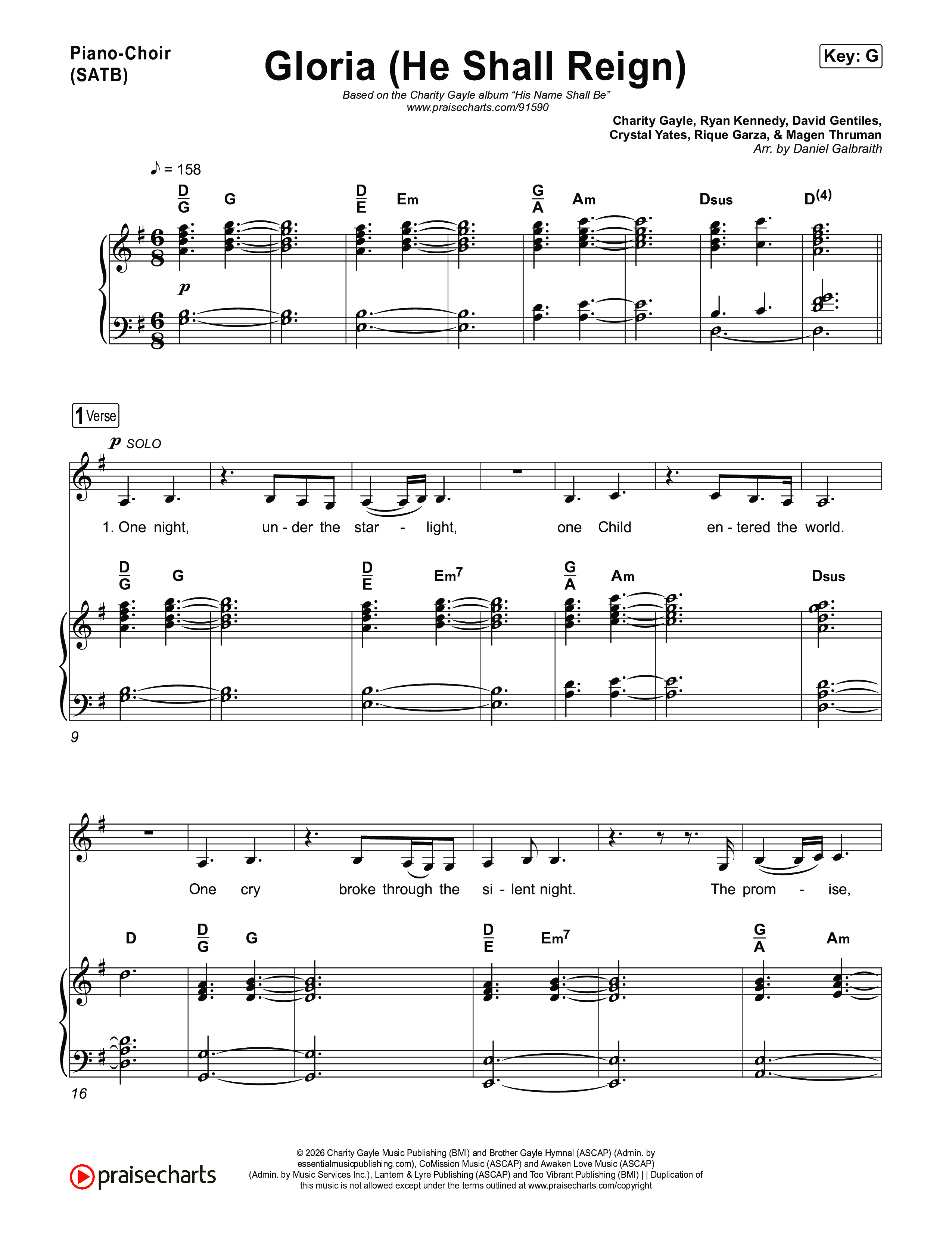 Gloria (He Shall Reign) Piano/Vocal Pack (Charity Gayle)