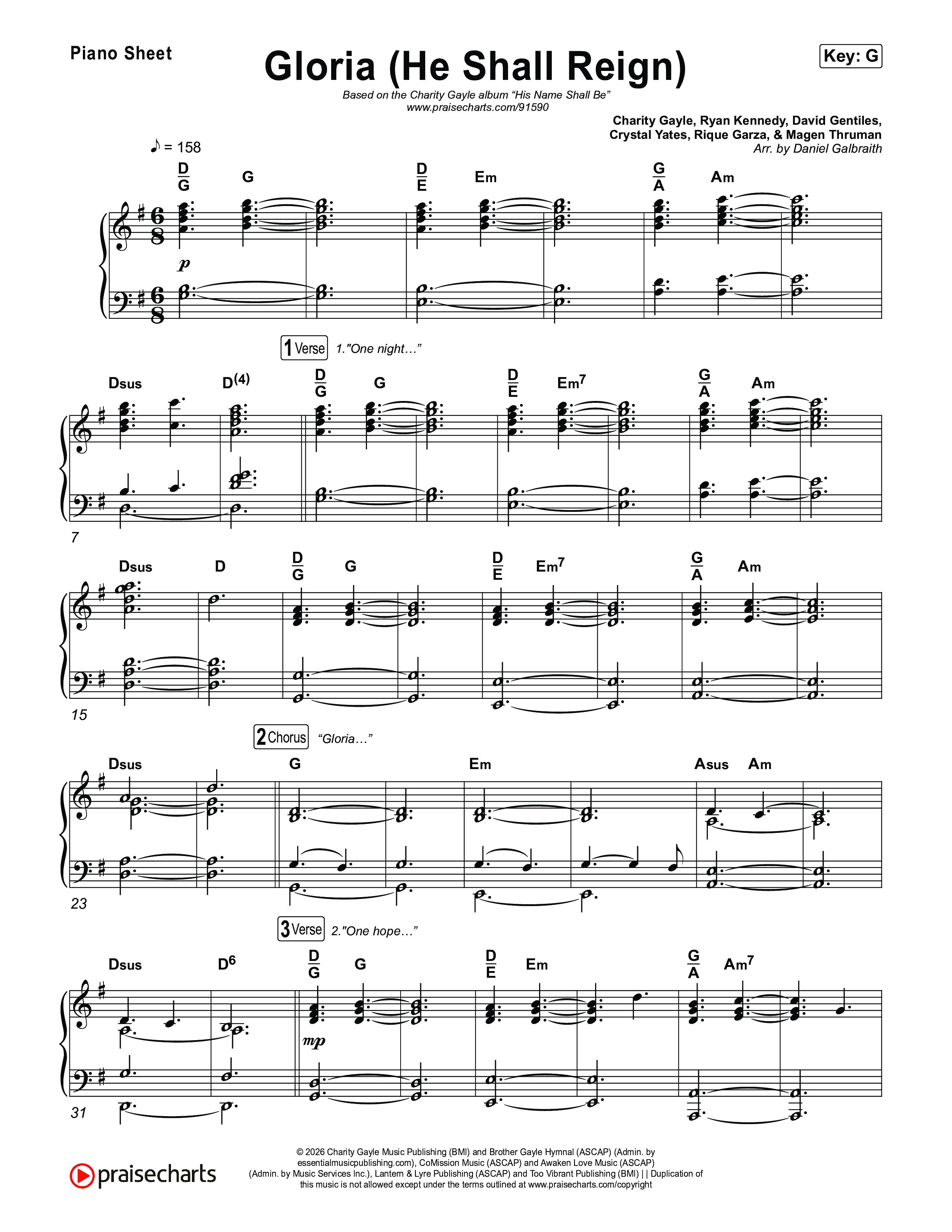 Gloria (He Shall Reign) Piano Sheet (Charity Gayle)