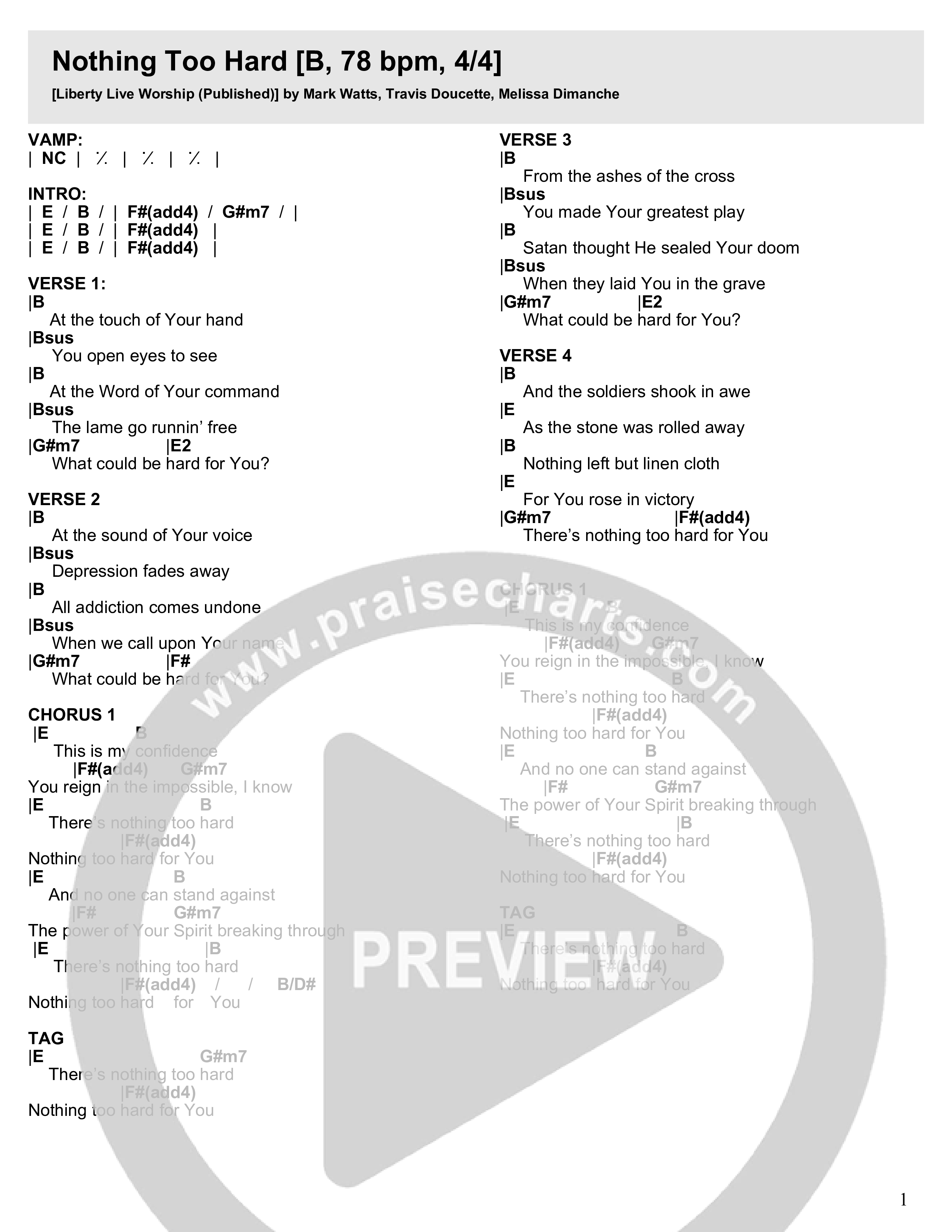 Nothing's Too Hard Chord Chart (11:21 Worship)