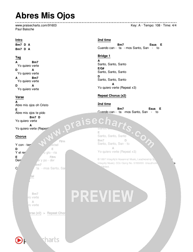 Abres Mis Ojos Chord Chart (Paul Baloche)