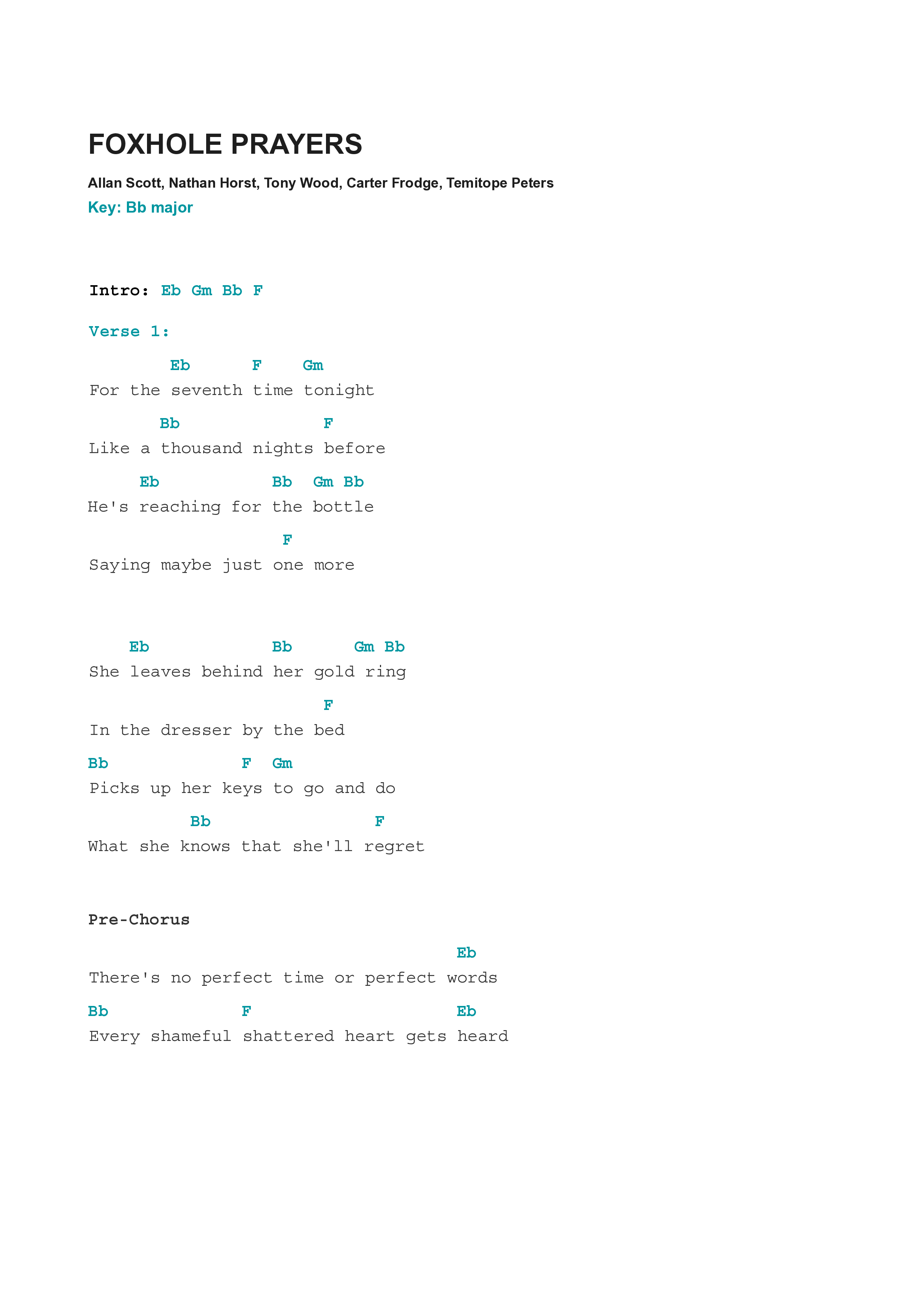 Foxhole Prayers Chord Chart (Allan Scott)