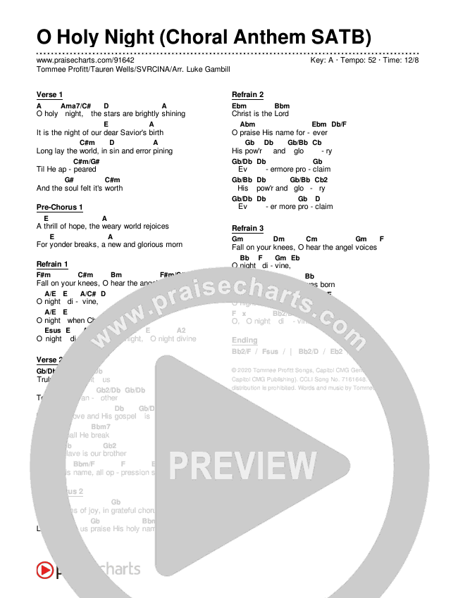 O Holy Night (Choral Anthem SATB) Chords & Lyrics (Tommee Profitt / Tauren Wells / SVRCINA / Arr. Luke Gambill)