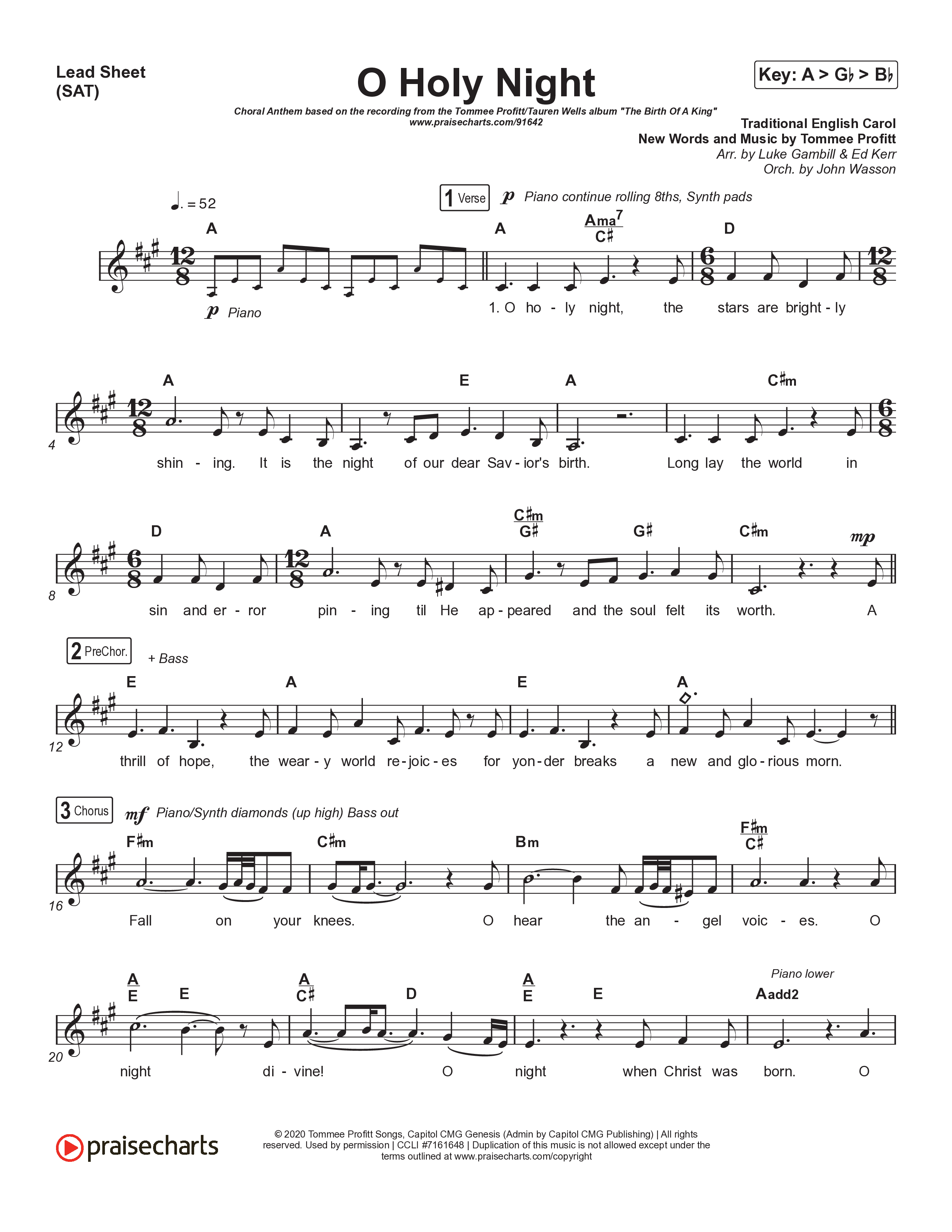 O Holy Night (Choral Anthem SATB) Lead Sheet (SAT) (Tommee Profitt / Tauren Wells / SVRCINA / Arr. Luke Gambill)