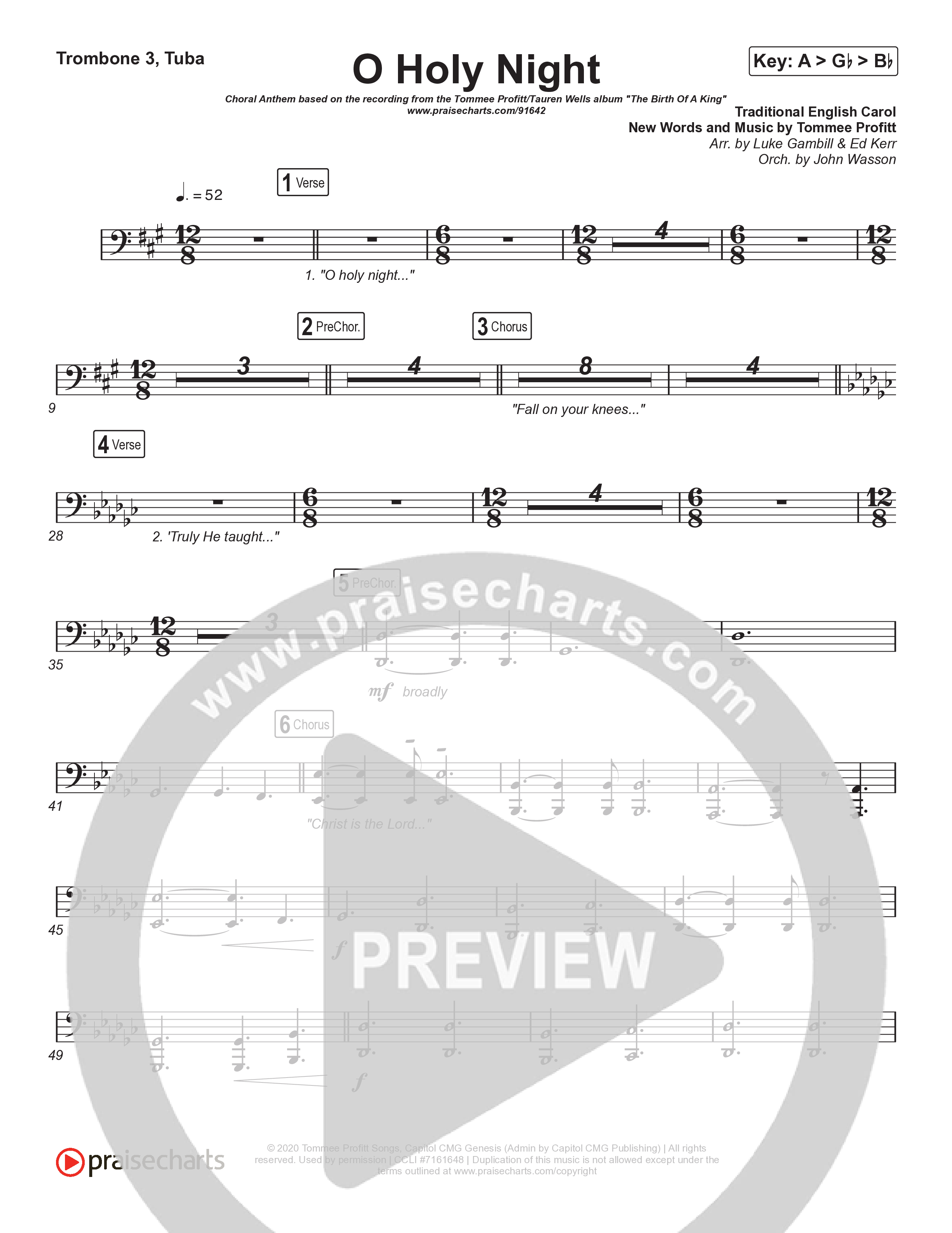 O Holy Night (Choral Anthem SATB) Trombone 3/Tuba (Tommee Profitt / Tauren Wells / SVRCINA / Arr. Luke Gambill)