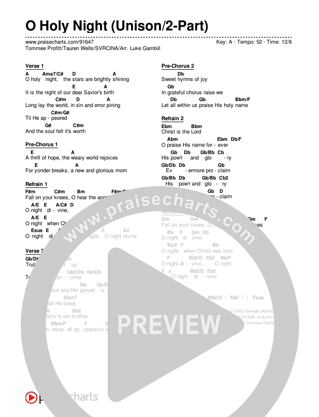 O Holy Night (Unison/2-Part) Chords & Lyrics (Tommee Profitt / Tauren Wells / SVRCINA / Arr. Luke Gambill)