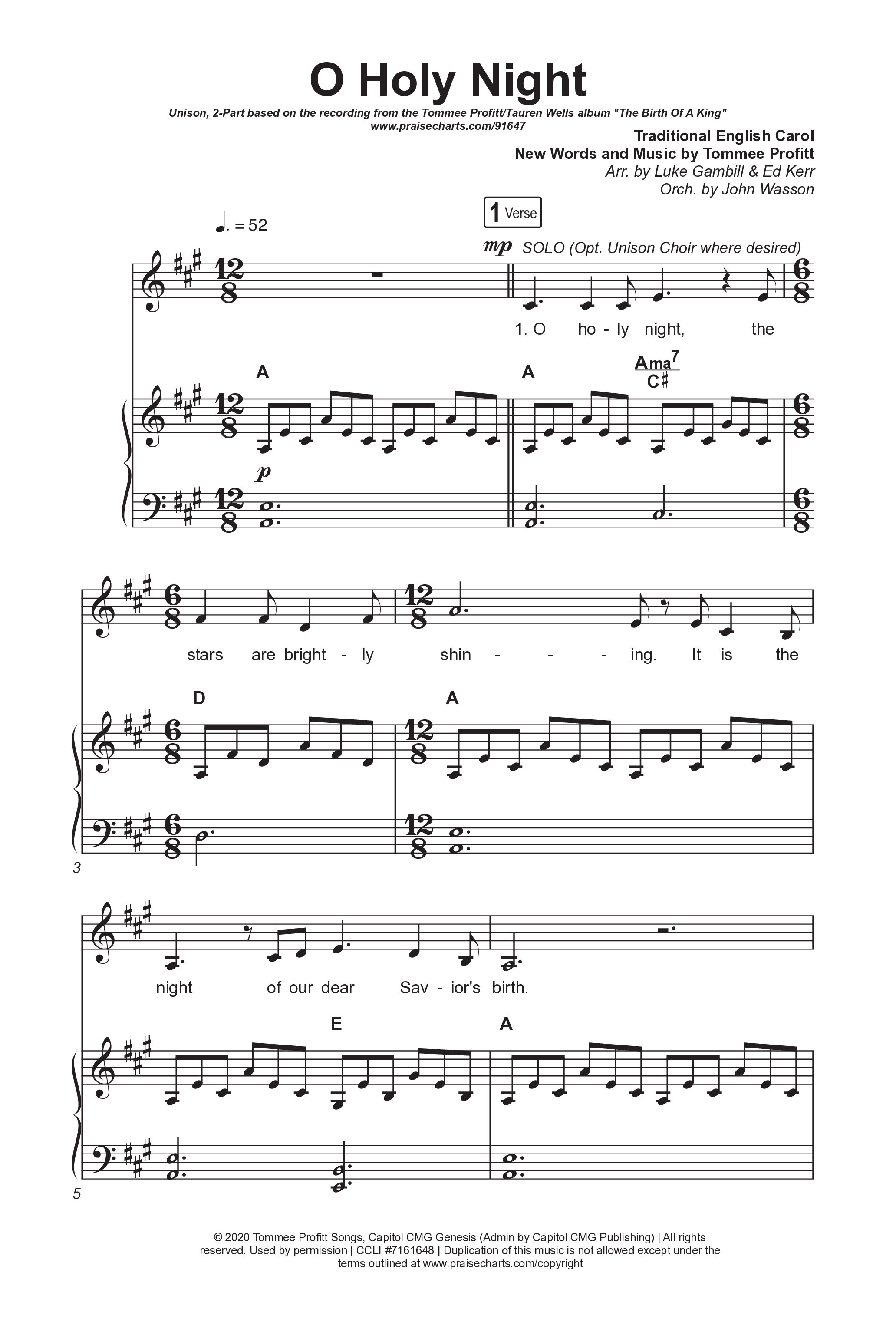 O Holy Night (Unison/2-Part) Octavo (Uni/2-Part & Pno) (Tommee Profitt / Tauren Wells / SVRCINA / Arr. Luke Gambill)