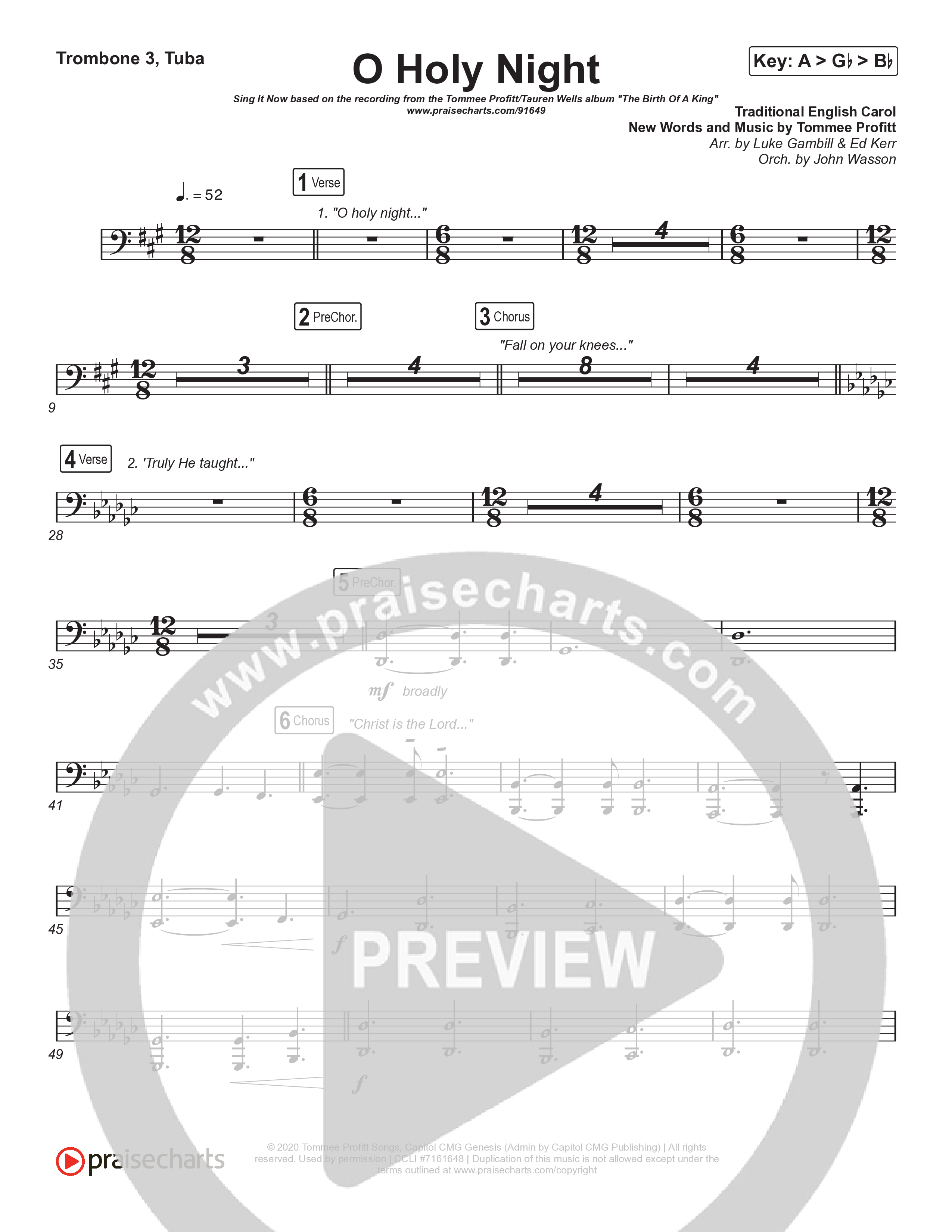 O Holy Night (Sing It Now) Trombone 3/Tuba (Tommee Profitt / Tauren Wells / SVRCINA / Arr. Luke Gambill)