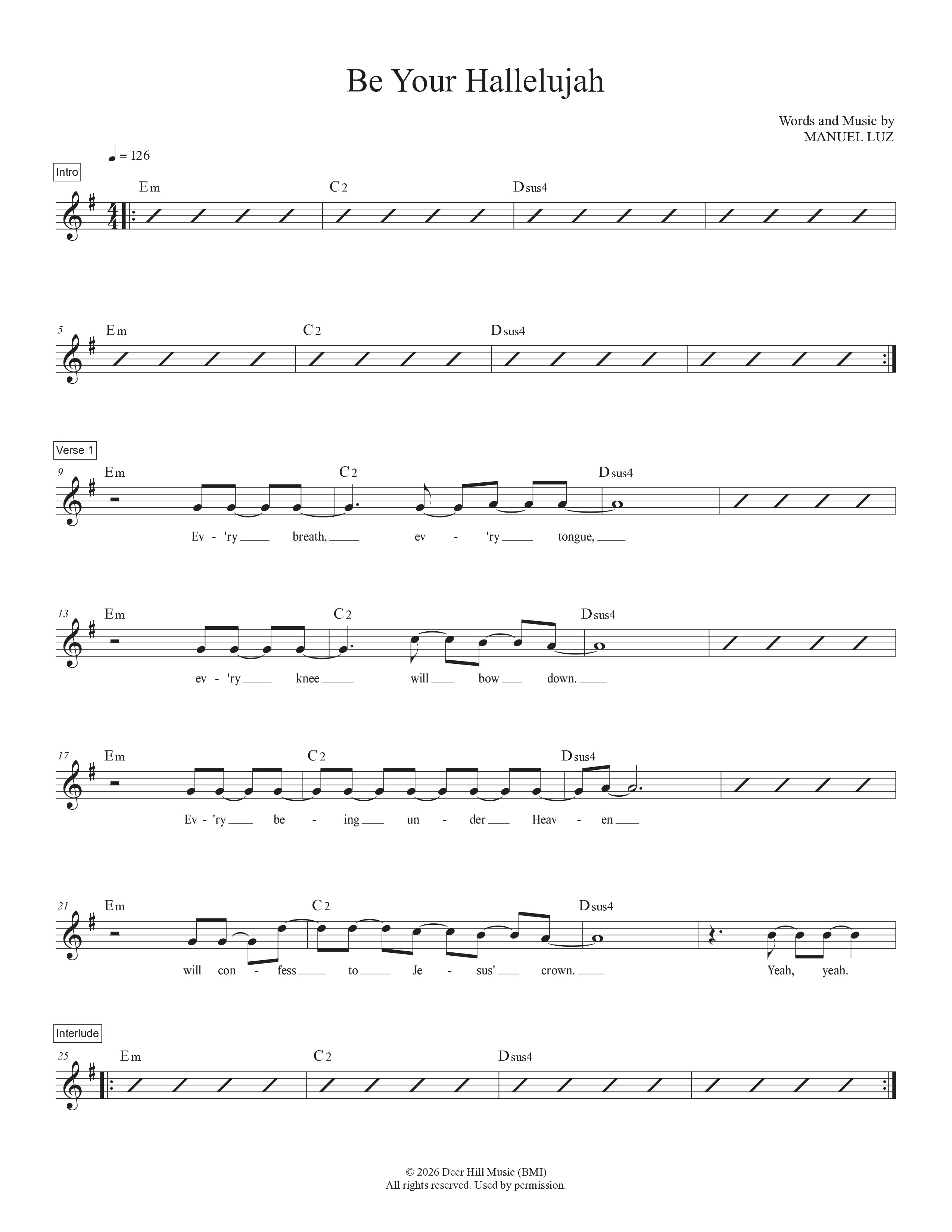 Be Your Hallelujah Lead Sheet Melody (Manuel Luz)