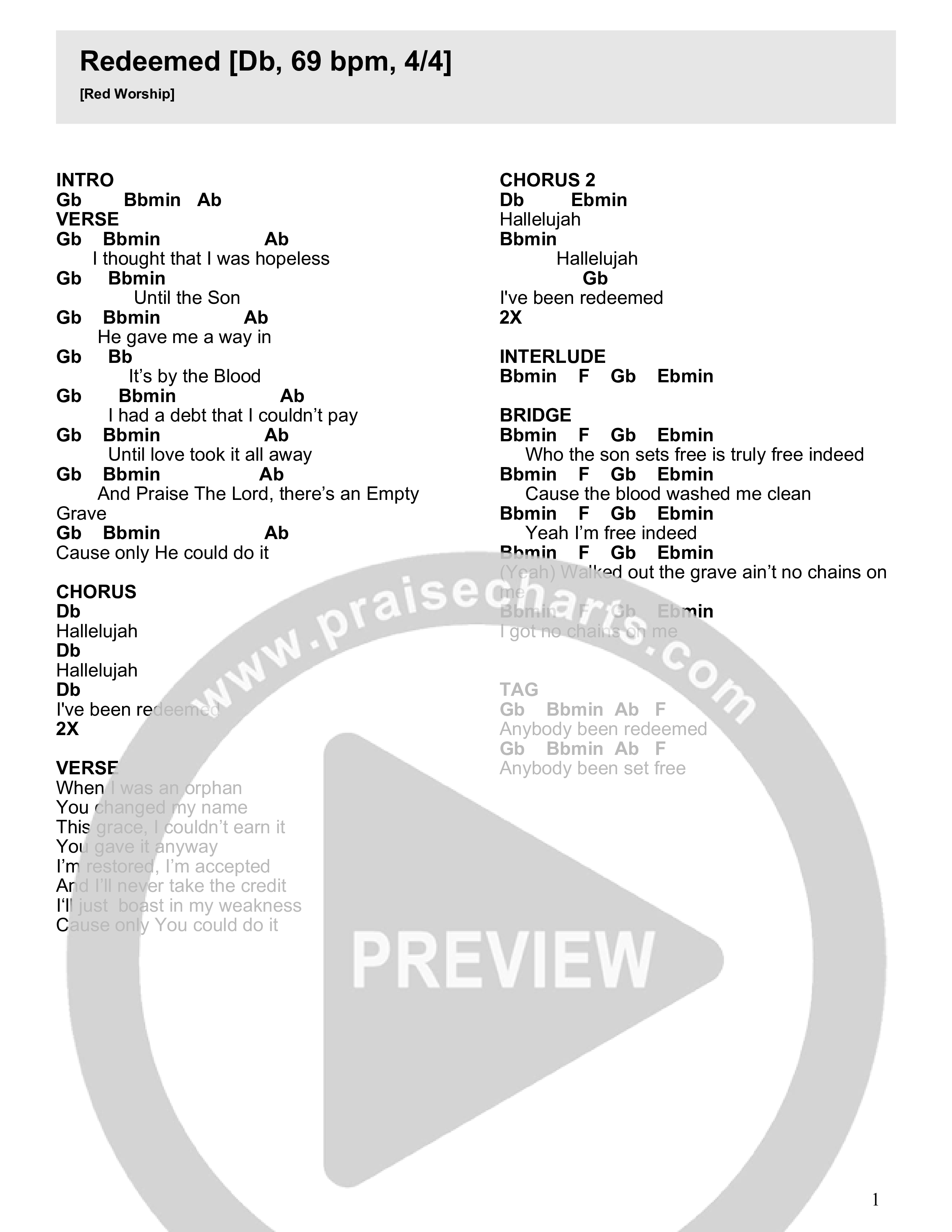 Redeemed (Set Free) Chord Chart (Red Worship / Trinity Anderson / Jonathan Traylor)