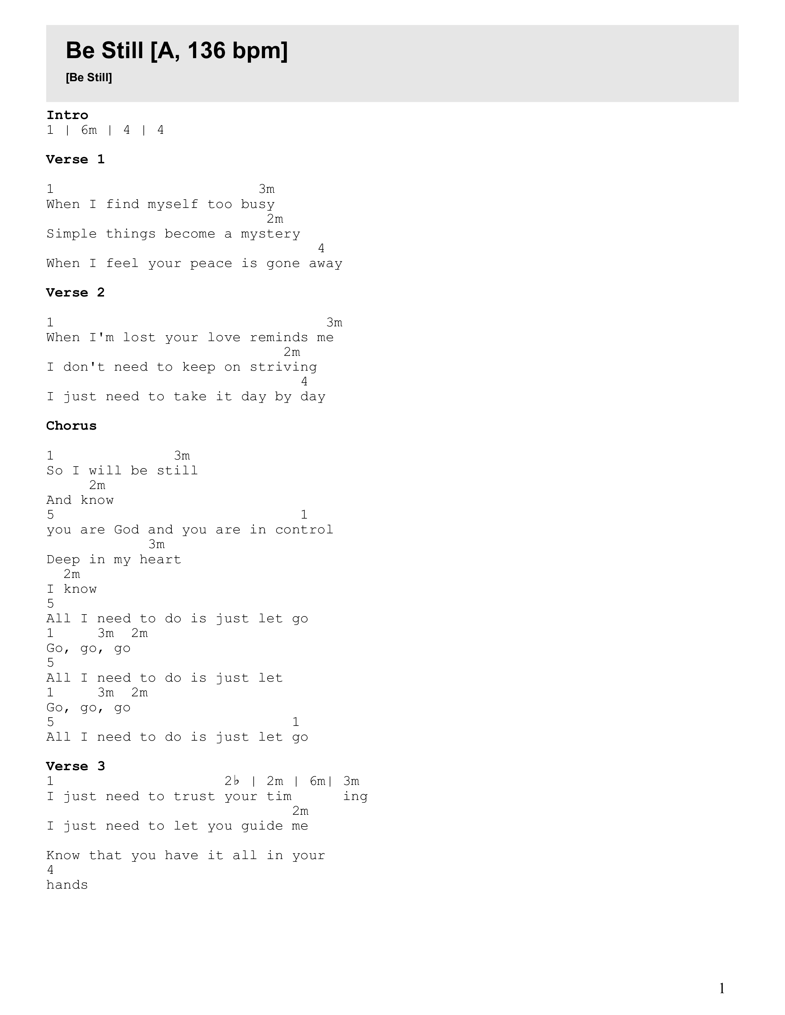 Be Still Chord Chart (Destiny Barber)