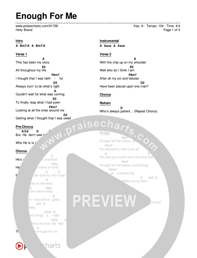 Enough For Me Chord Chart (Holly Brand)