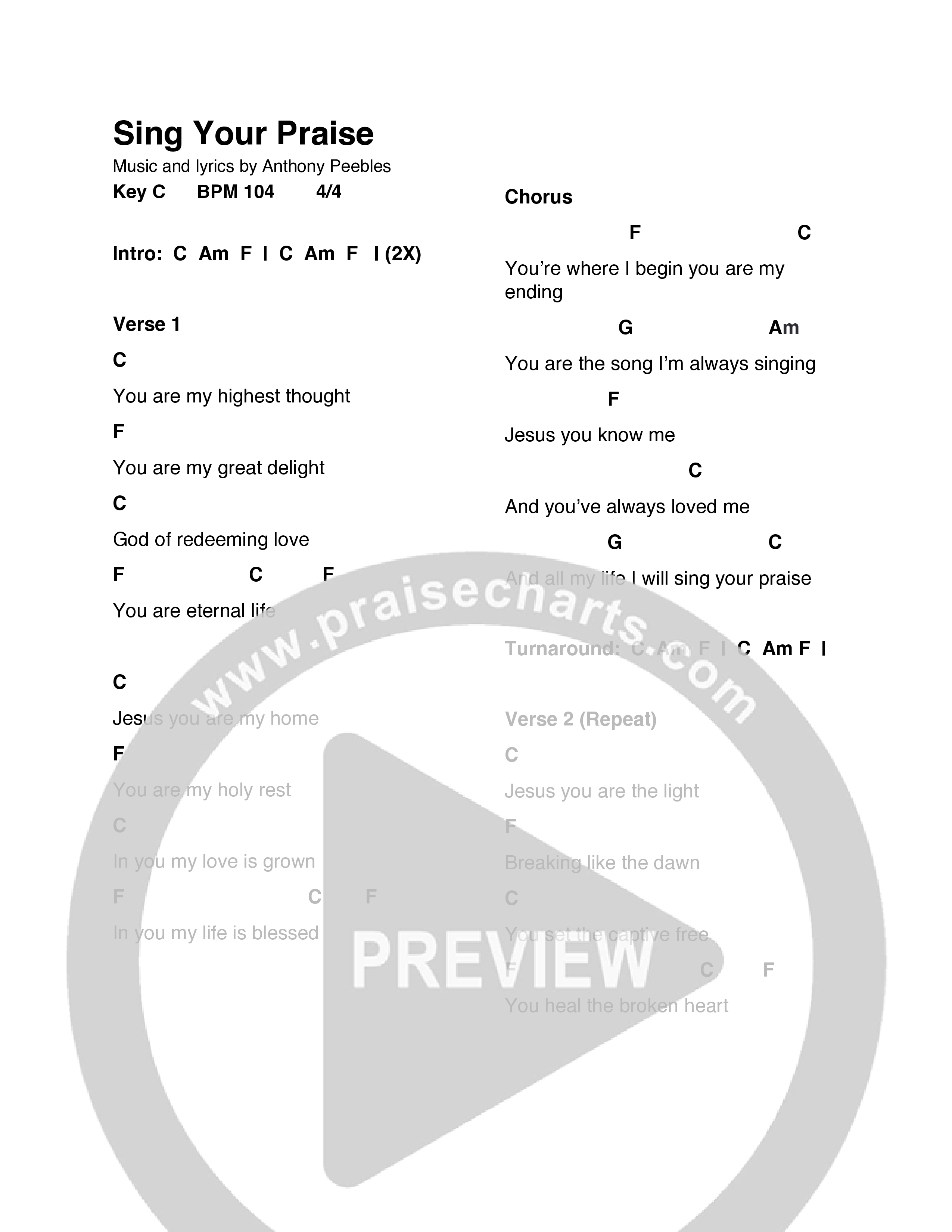 Sing Your Praise Chord Chart (Canyon View Worship)