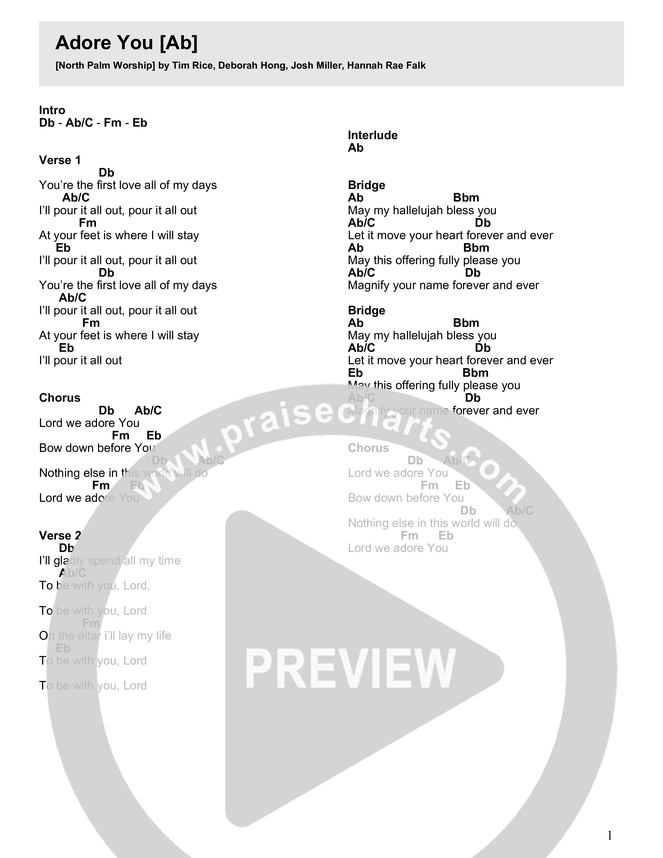 Adore You Chord Chart (North Palm Worship)
