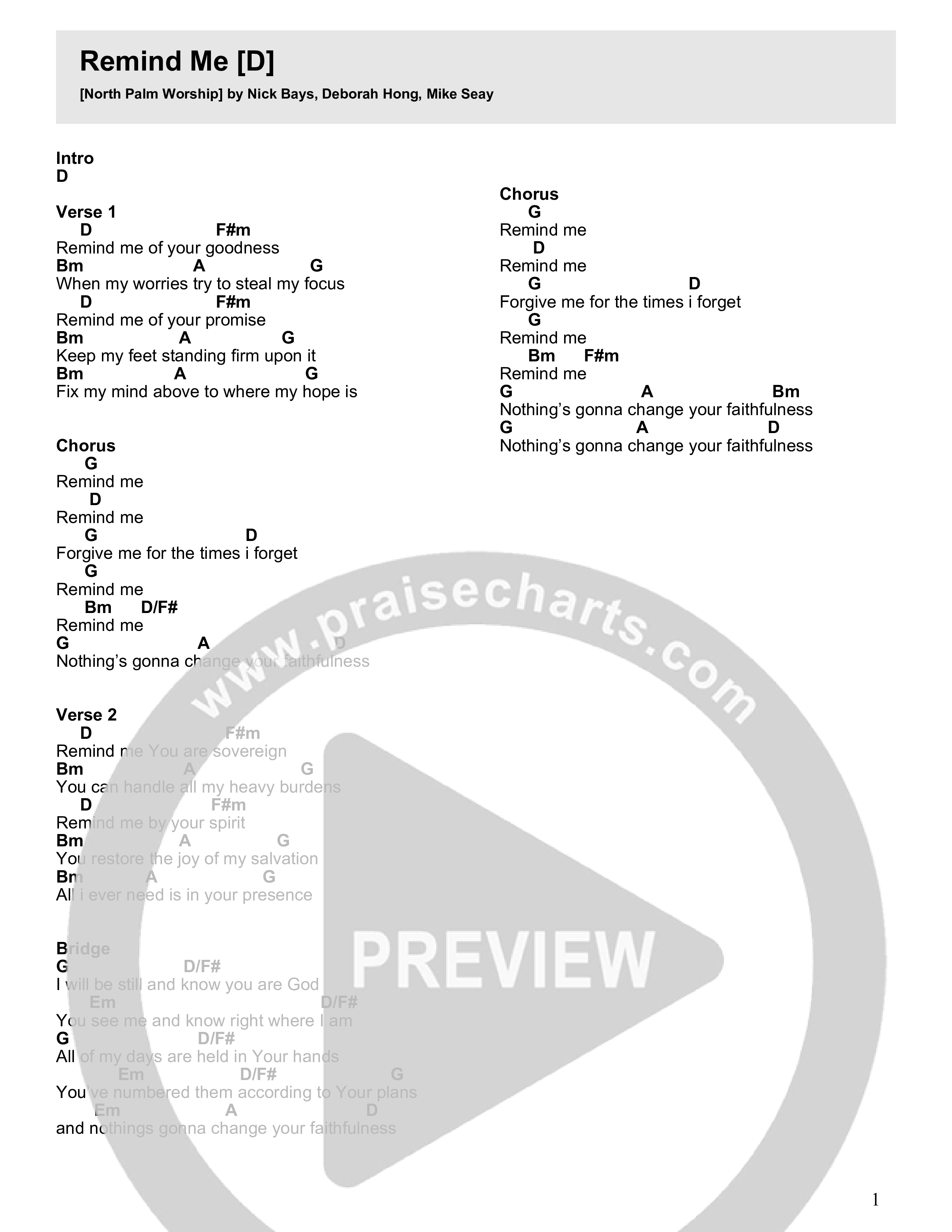 Remind Me Chord Chart (North Palm Worship)