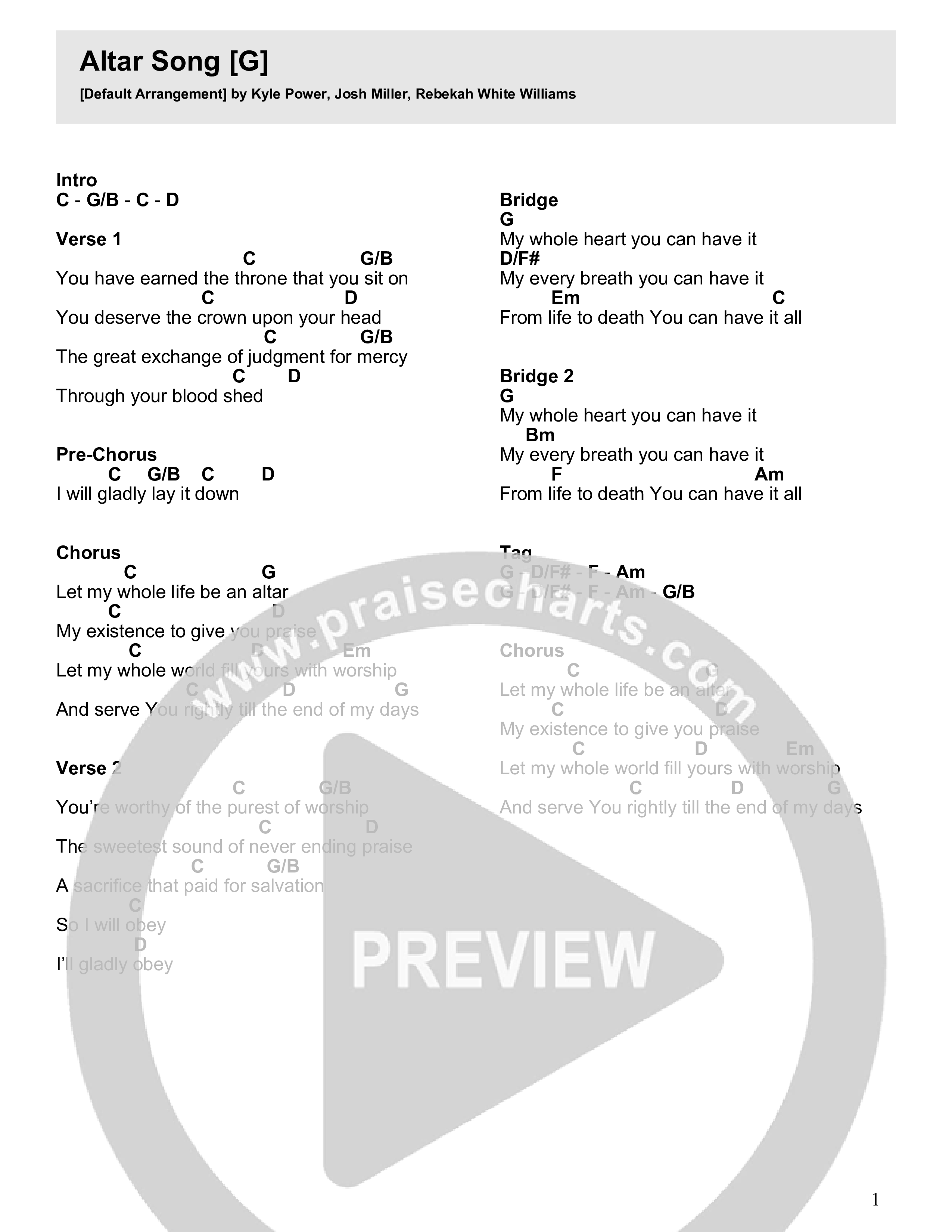 Altar Song Chord Chart (North Palm Worship)