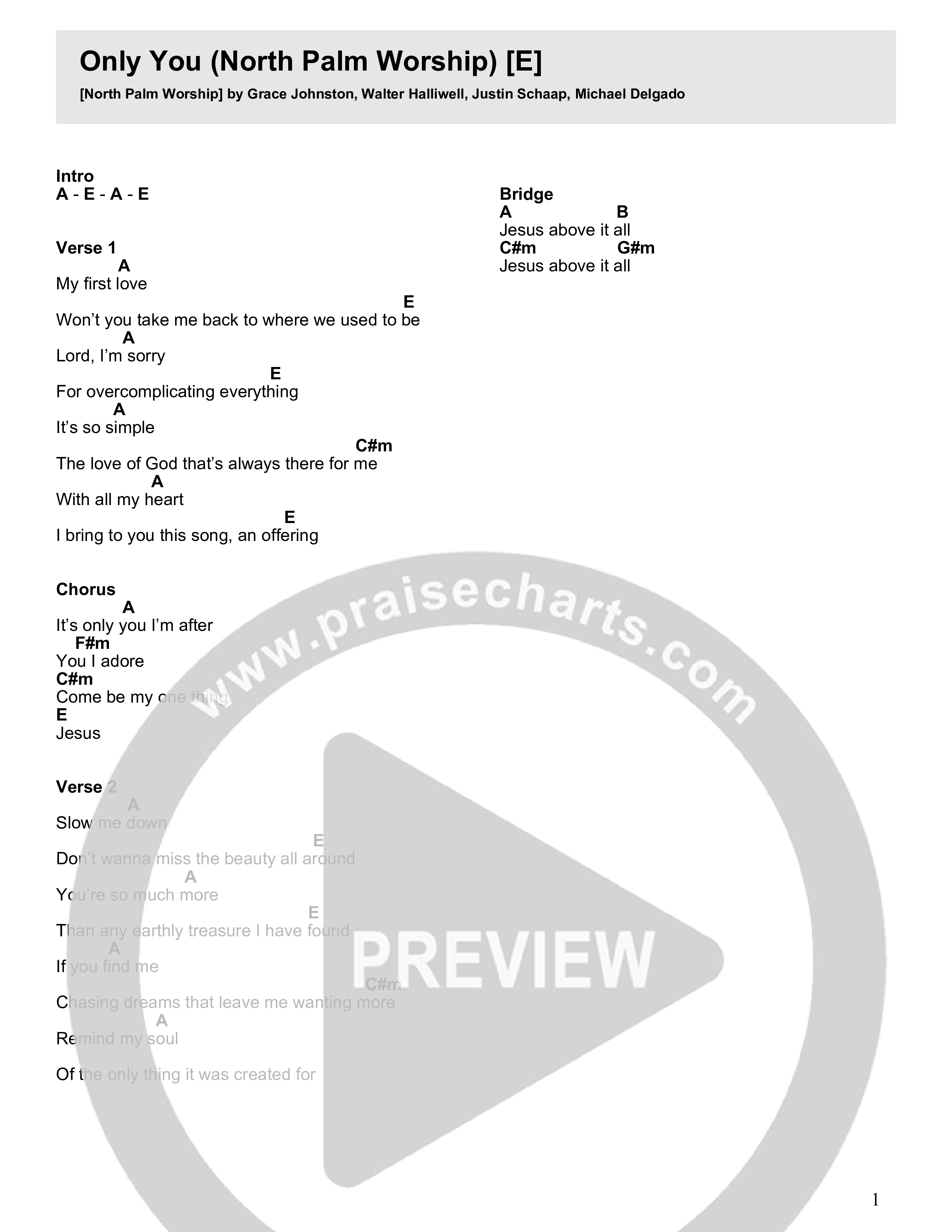 Only You Chord Chart (North Palm Worship)