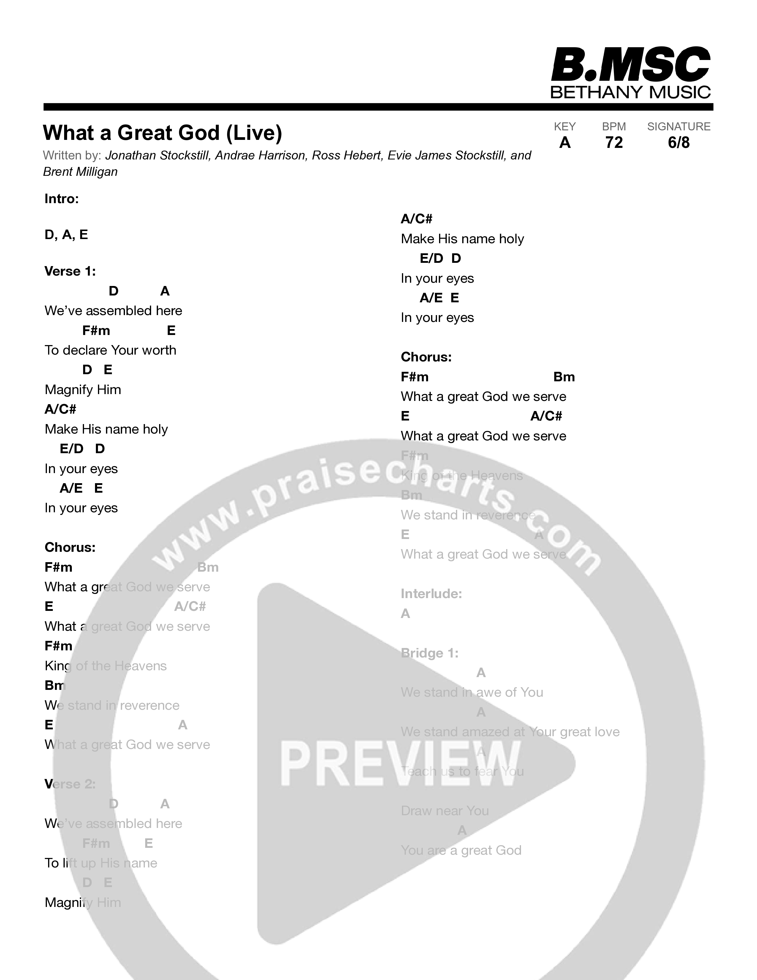 What A Great God Chord Chart (Bethany Music)