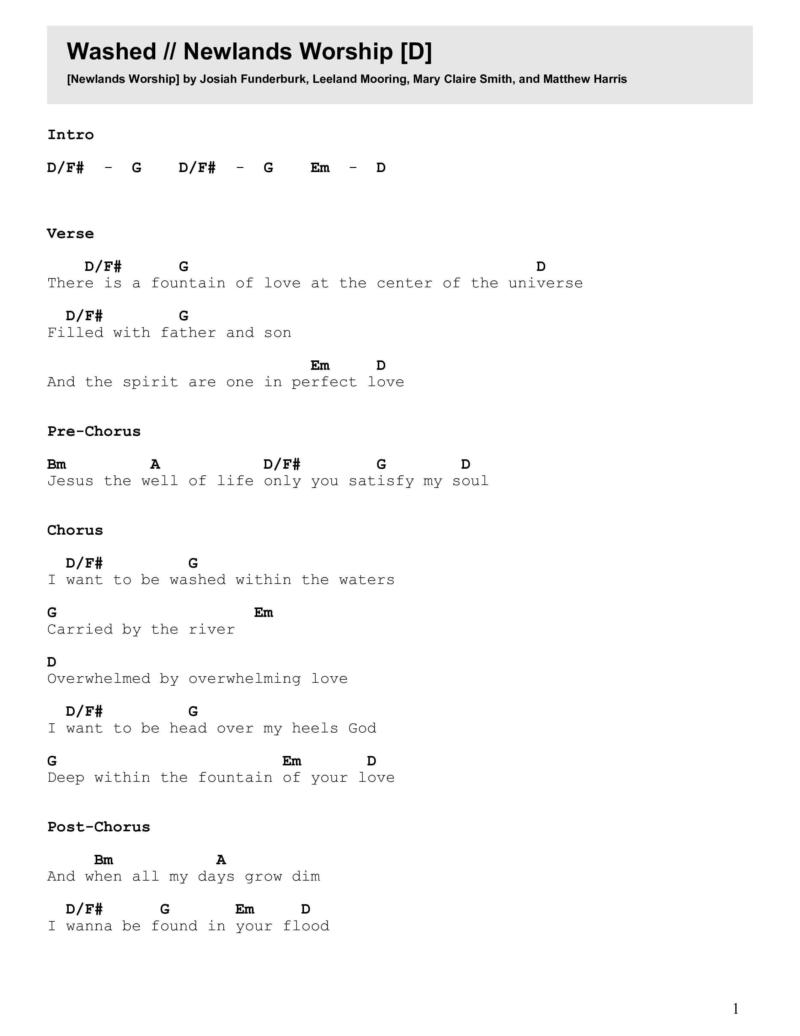 Washed (Live) Chord Chart (Newlands Worship / Leeland)