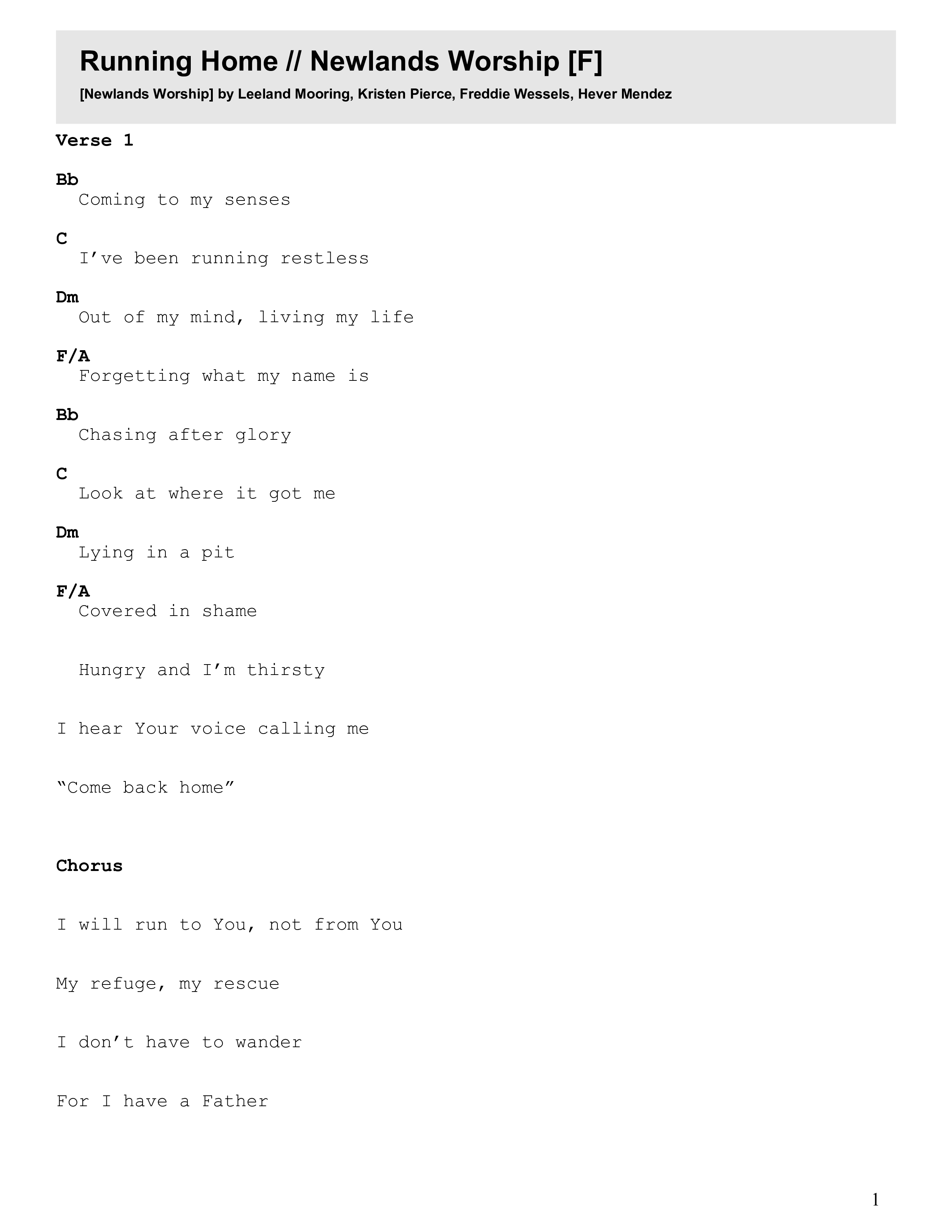 Running Home (Live) Chord Chart (Newlands Worship / Leeland)
