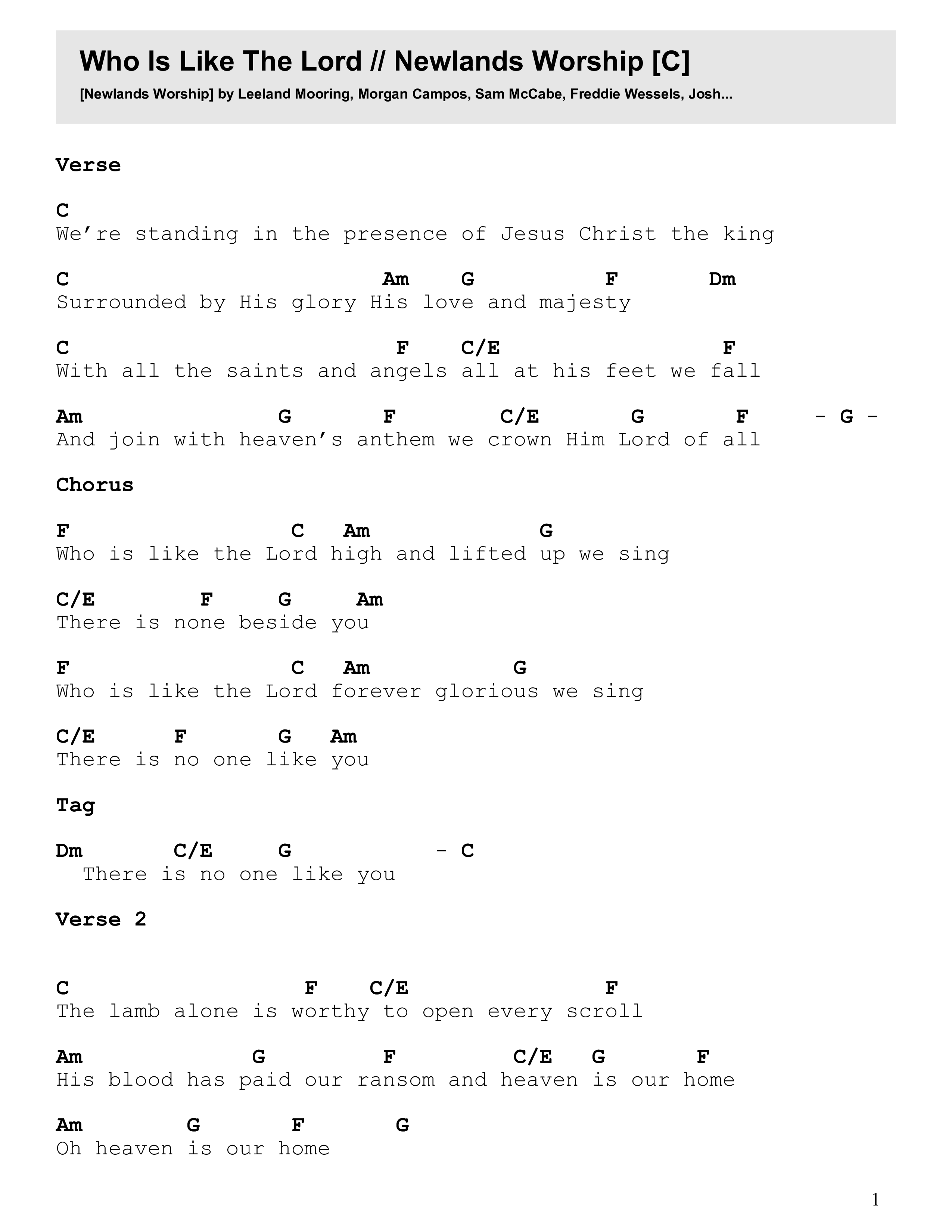 Who Is Like The Lord (Live) Chord Chart (Newlands Worship / Leeland)
