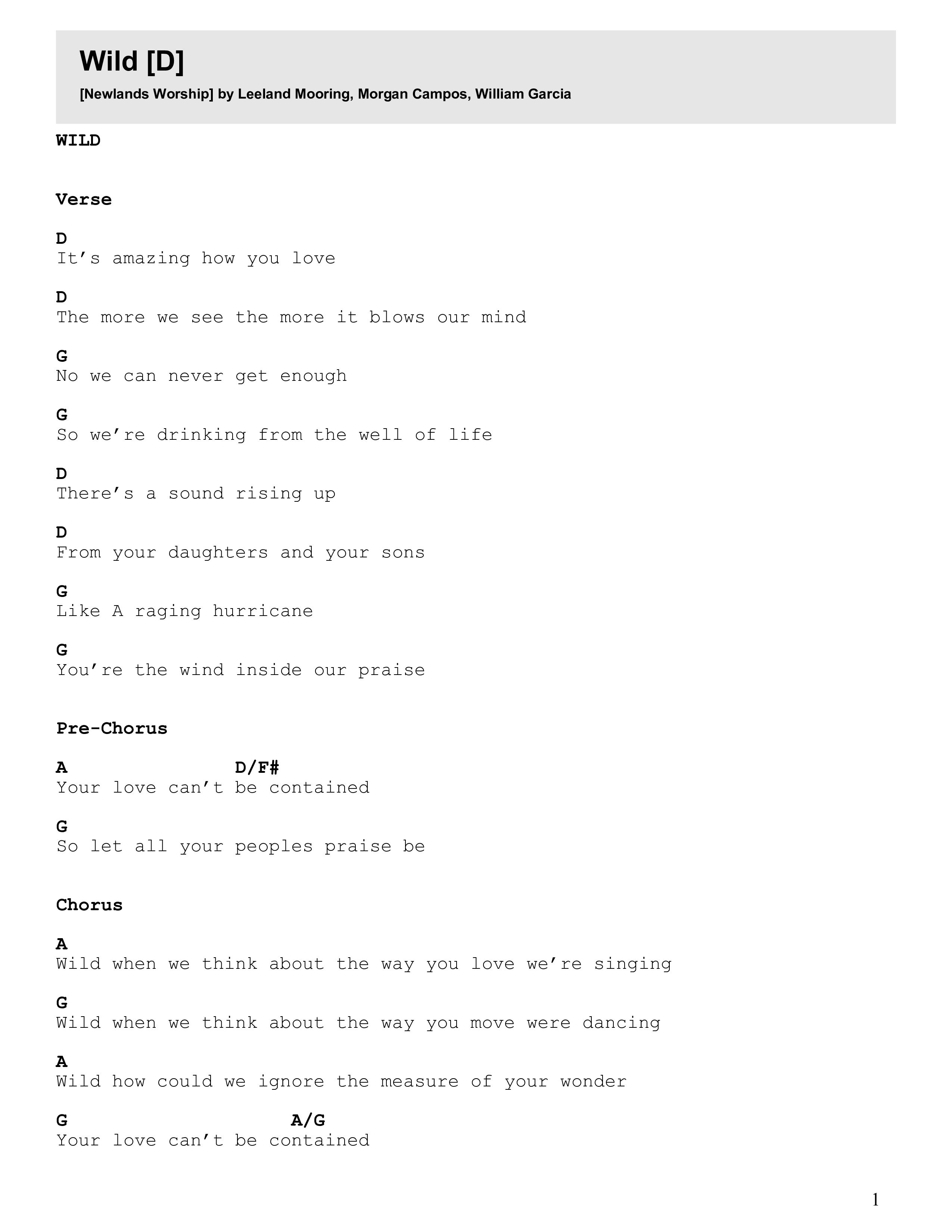 Wild (Live) Chord Chart (Newlands Worship / Leeland)