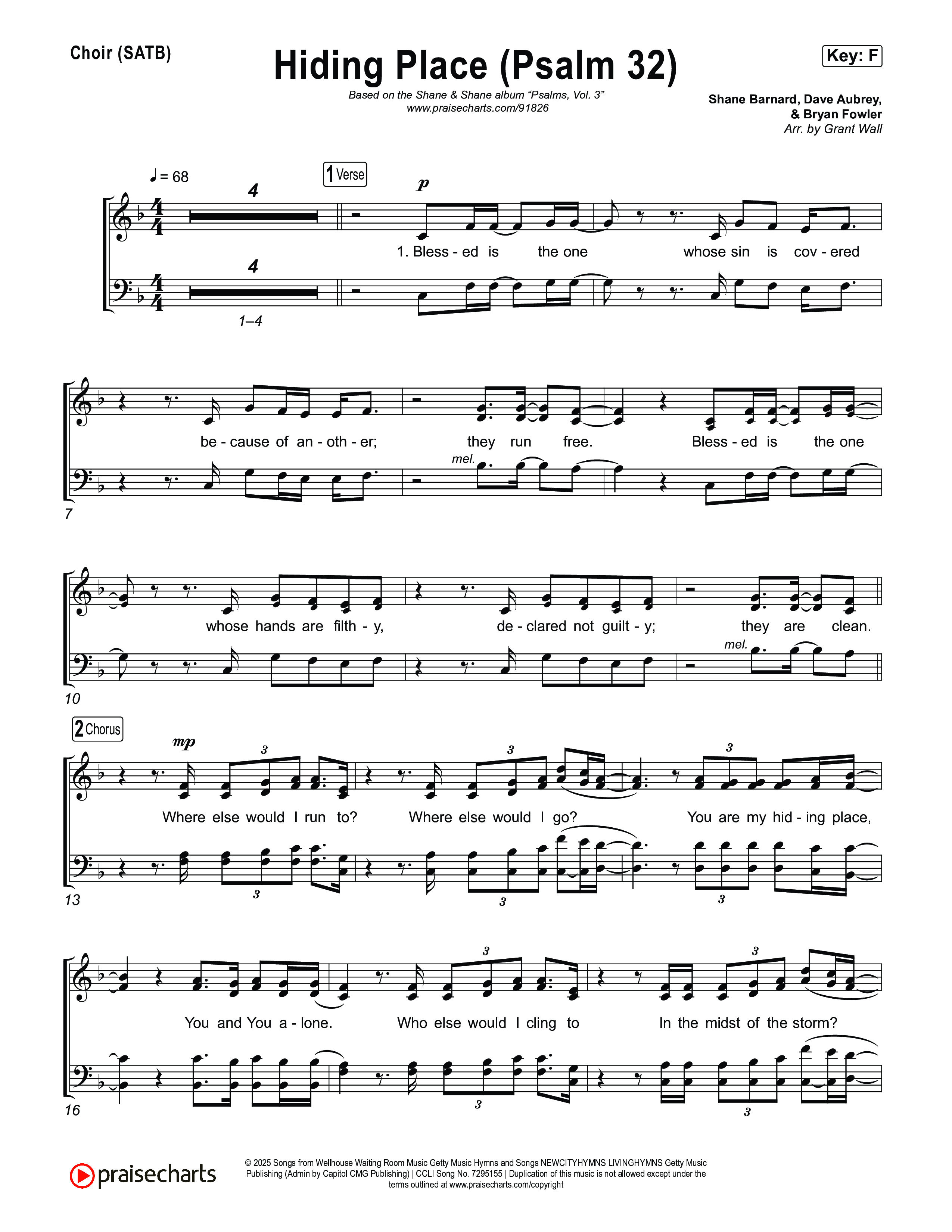 Hiding Place (Psalm 32) Choir Sheet (SATB) (Shane & Shane)