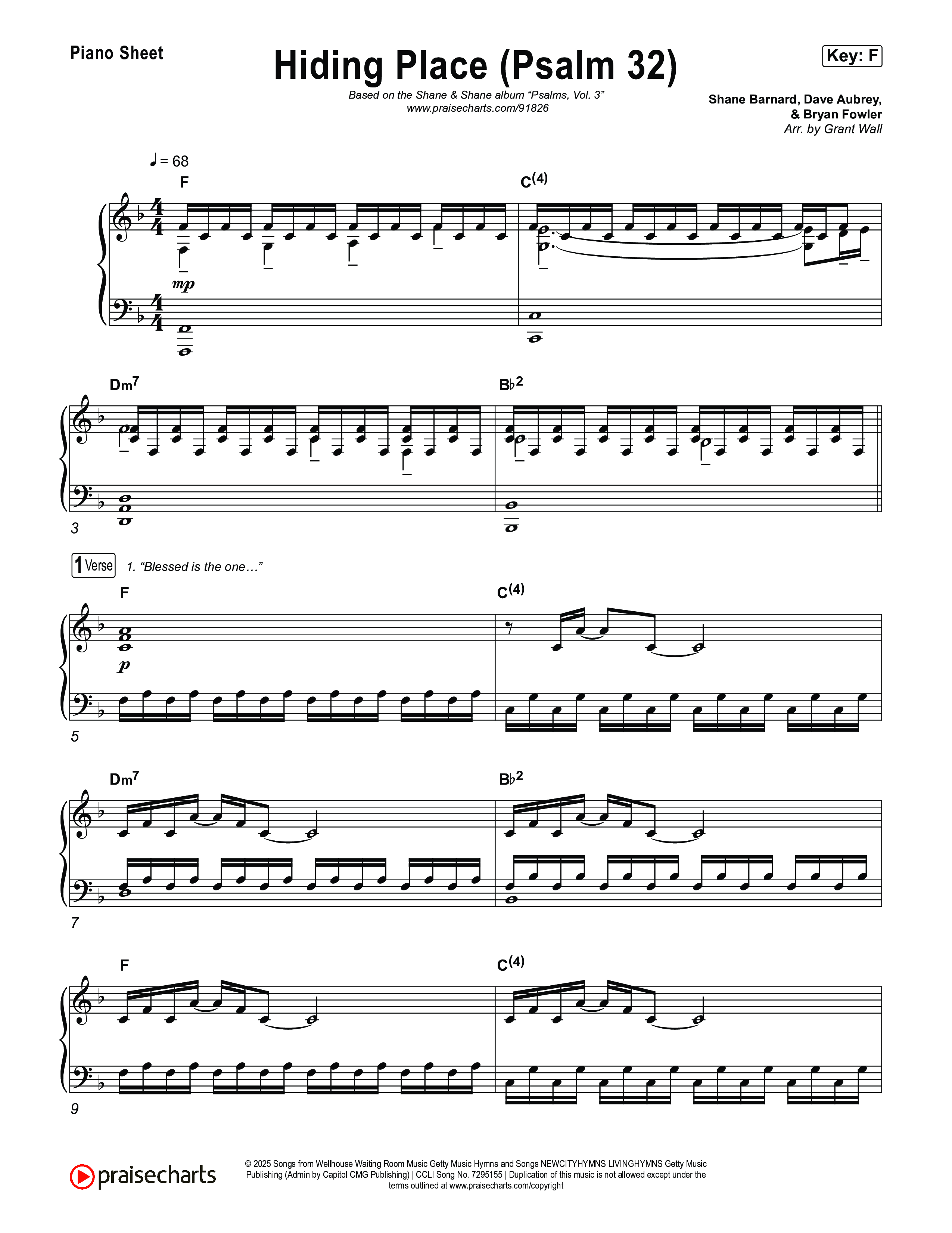 Hiding Place (Psalm 32) Piano Sheet (Shane & Shane)