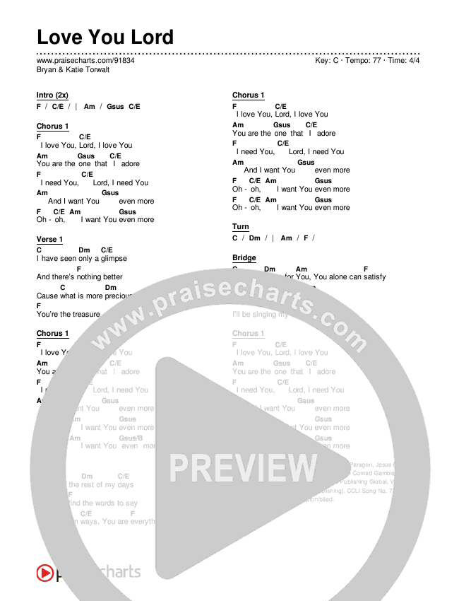 Love You Lord Chords & Lyrics (Bryan & Katie Torwalt)