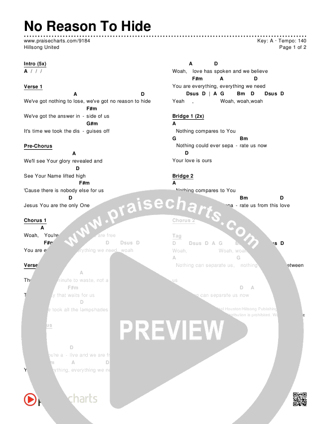 No Reason To Hide Chords PDF (Hillsong UNITED) - PraiseCharts