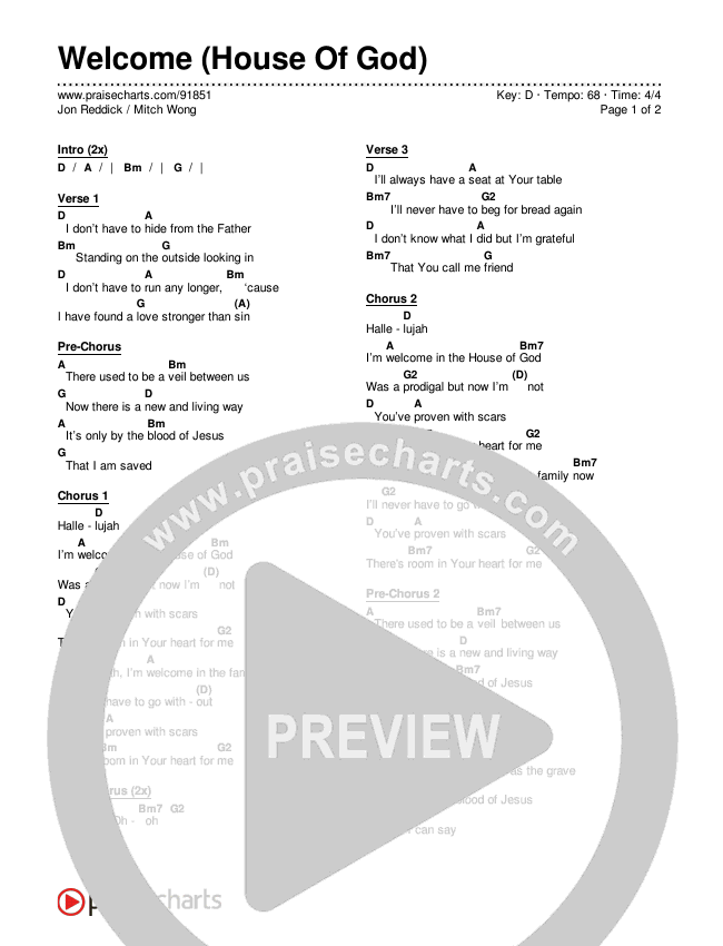 Welcome (House Of God) Chords & Lyrics (Jon Reddick / Mitch Wong)