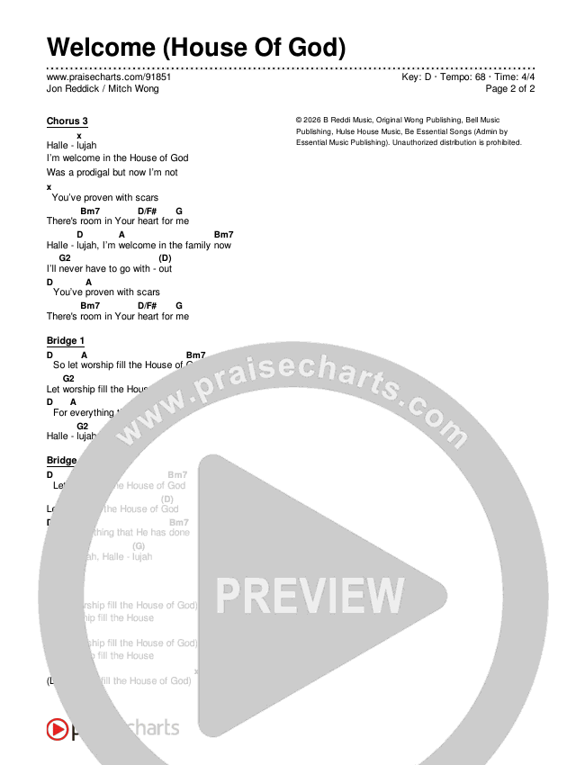 Welcome (House Of God) Chords & Lyrics (Jon Reddick / Mitch Wong)