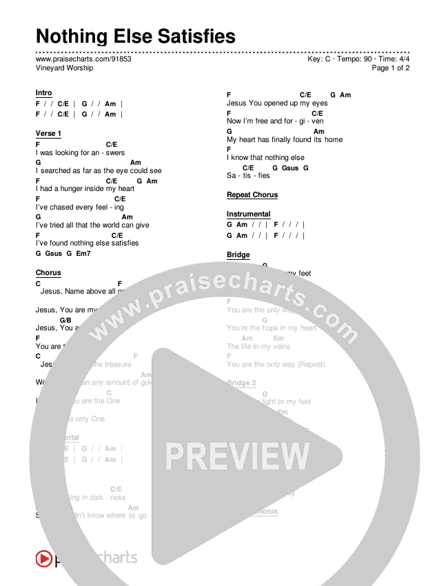 Nothing Else Satisfies Chord Chart (Vineyard Worship)
