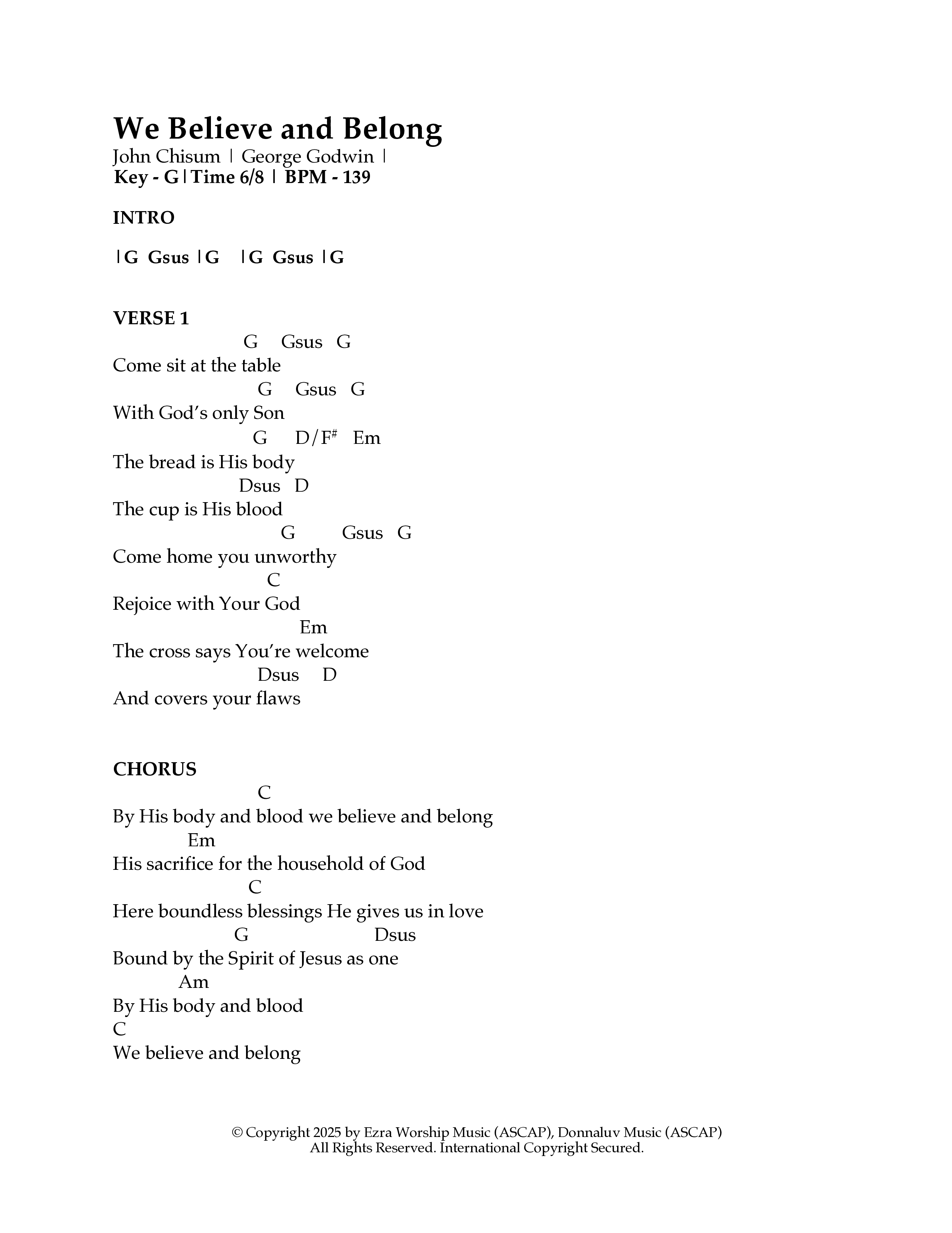 We Believe And Belong Chord Chart (Ezra Worship Initiative)