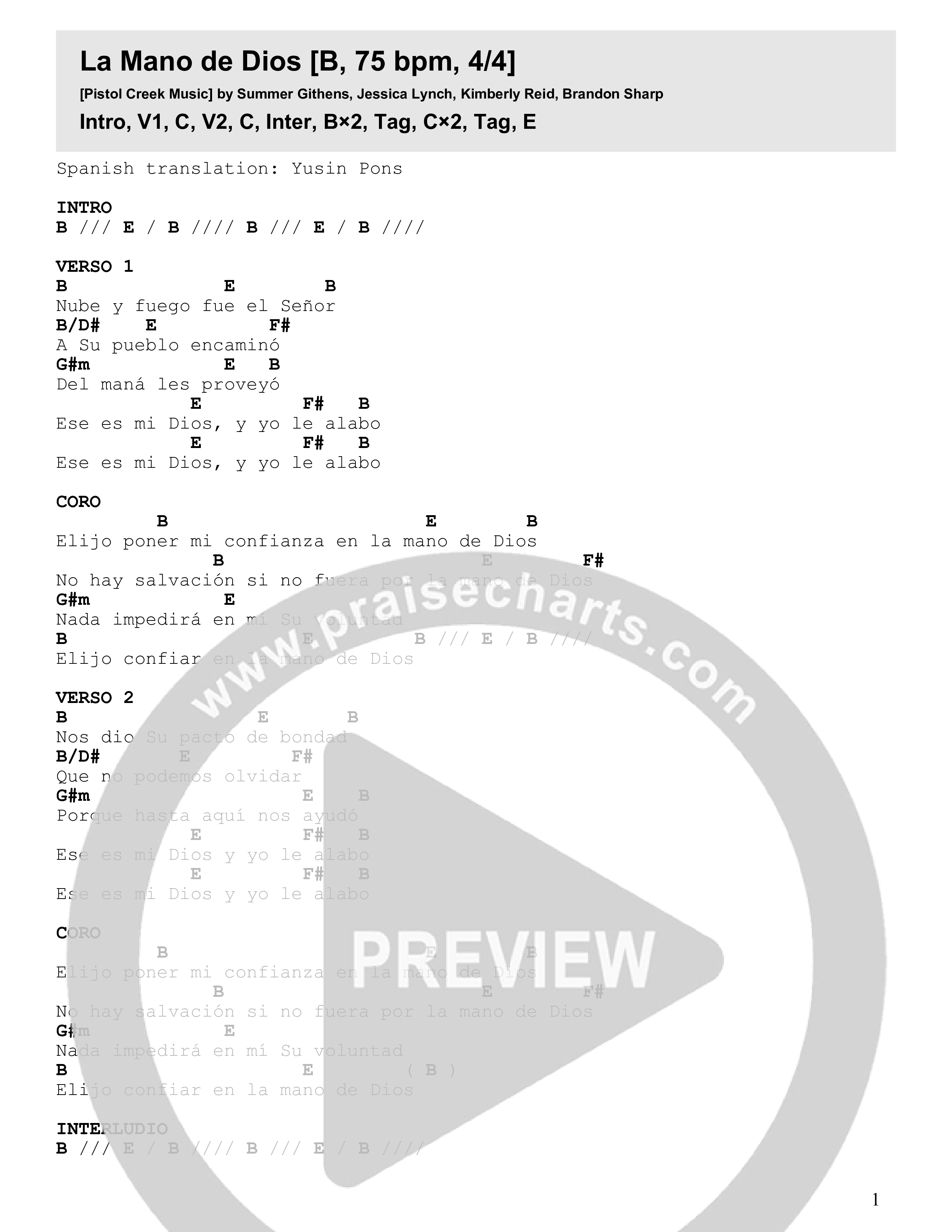 La Mano De Dios (The Good Hand of God) Chord Chart (Pistol Creek Music)