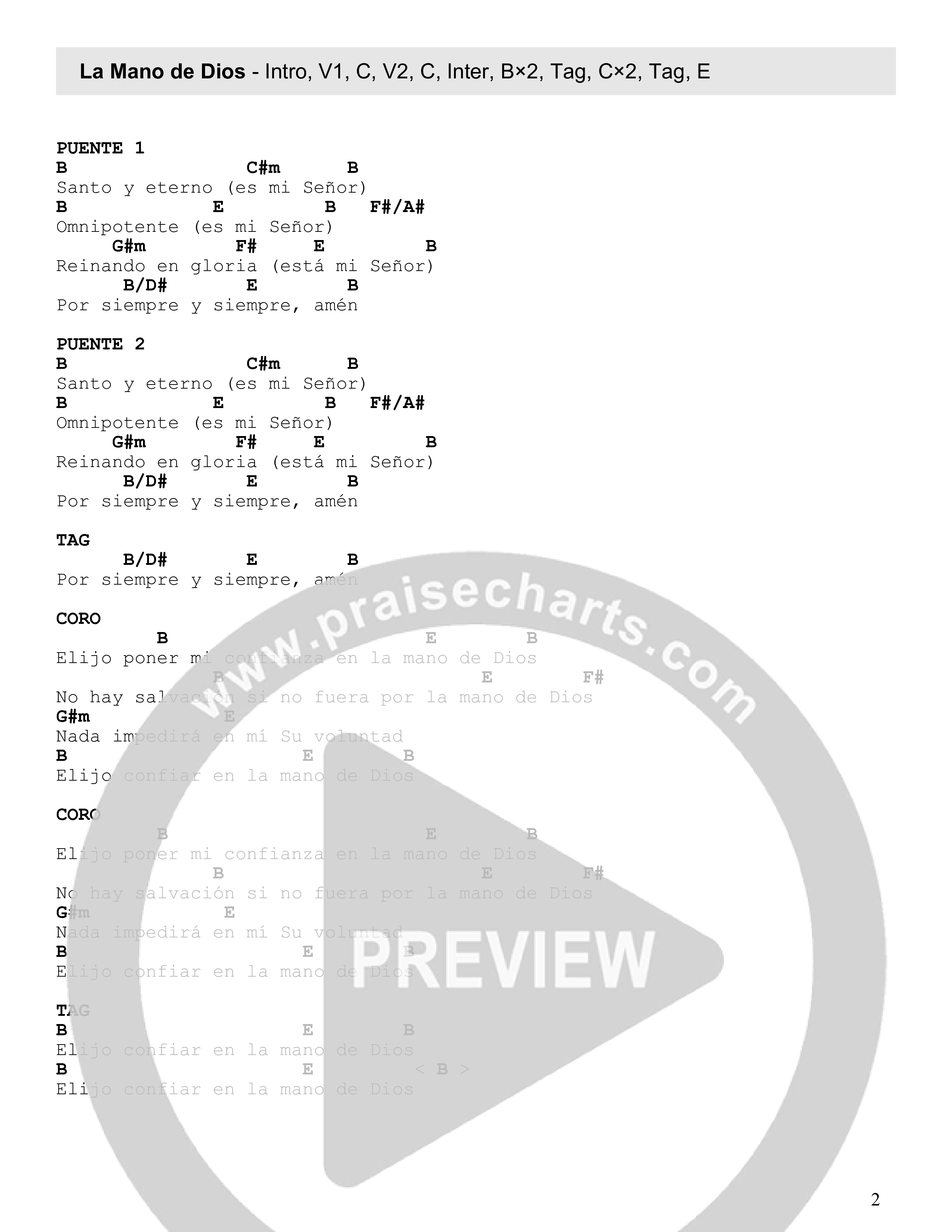 La Mano De Dios (The Good Hand of God) Chord Chart (Pistol Creek Music)
