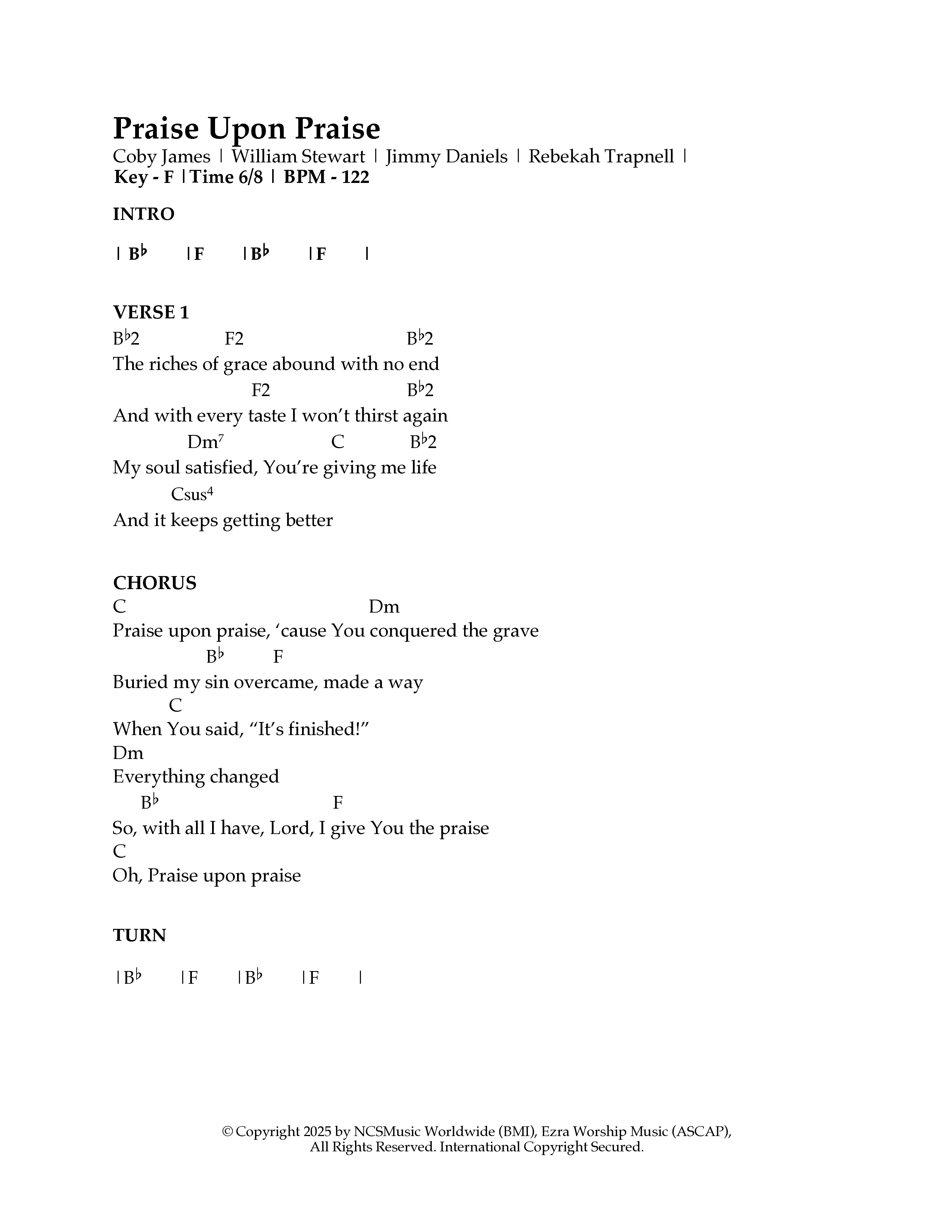 Praise Upon Praise Chord Chart (Ezra Worship Initiative / Calvin University Gospel Choir / Rebekah Trapnell)