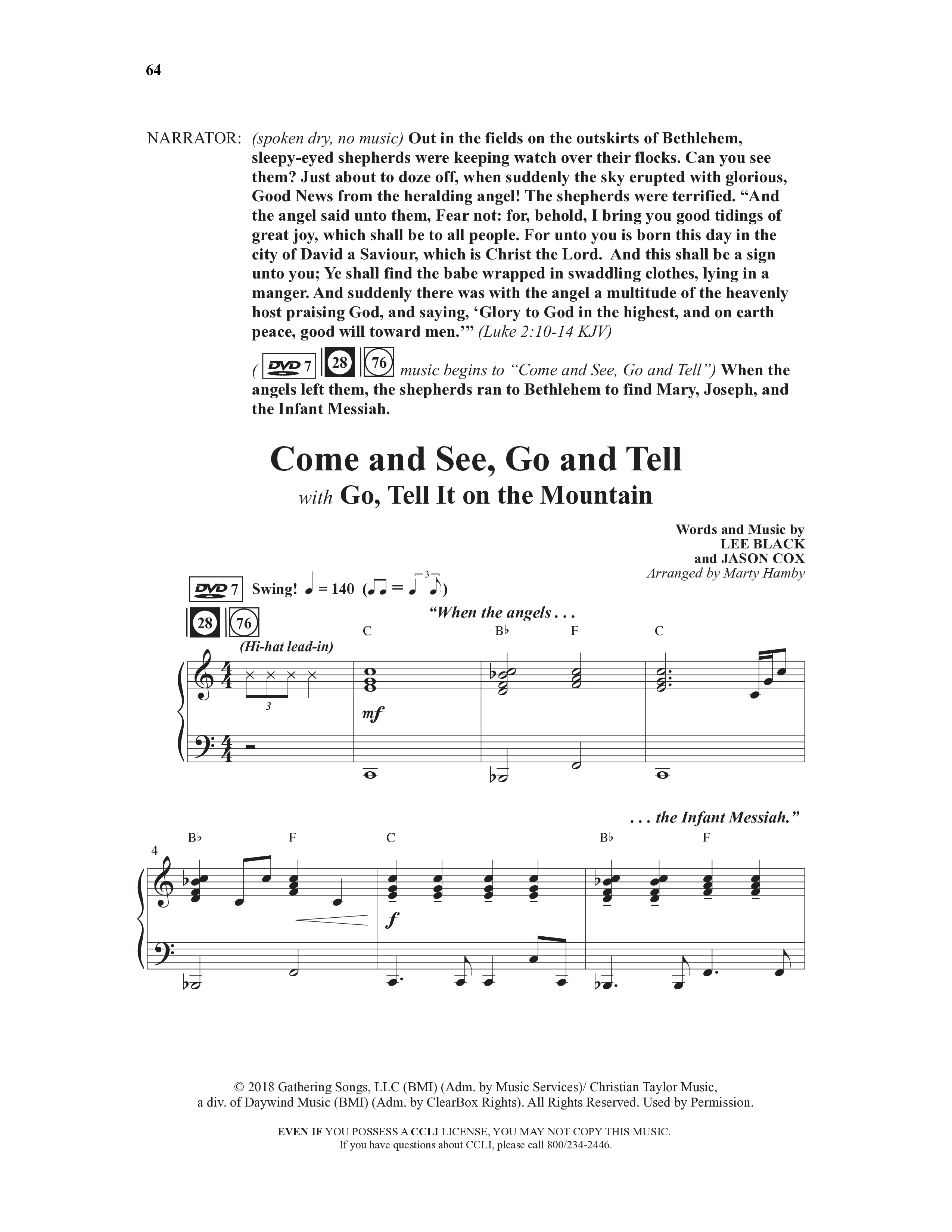 Come And See Go And Tell (11 Song Choral Collection) Song 7 (Piano SATB) (Word Music Choral / Arr. Marty Hamby)
