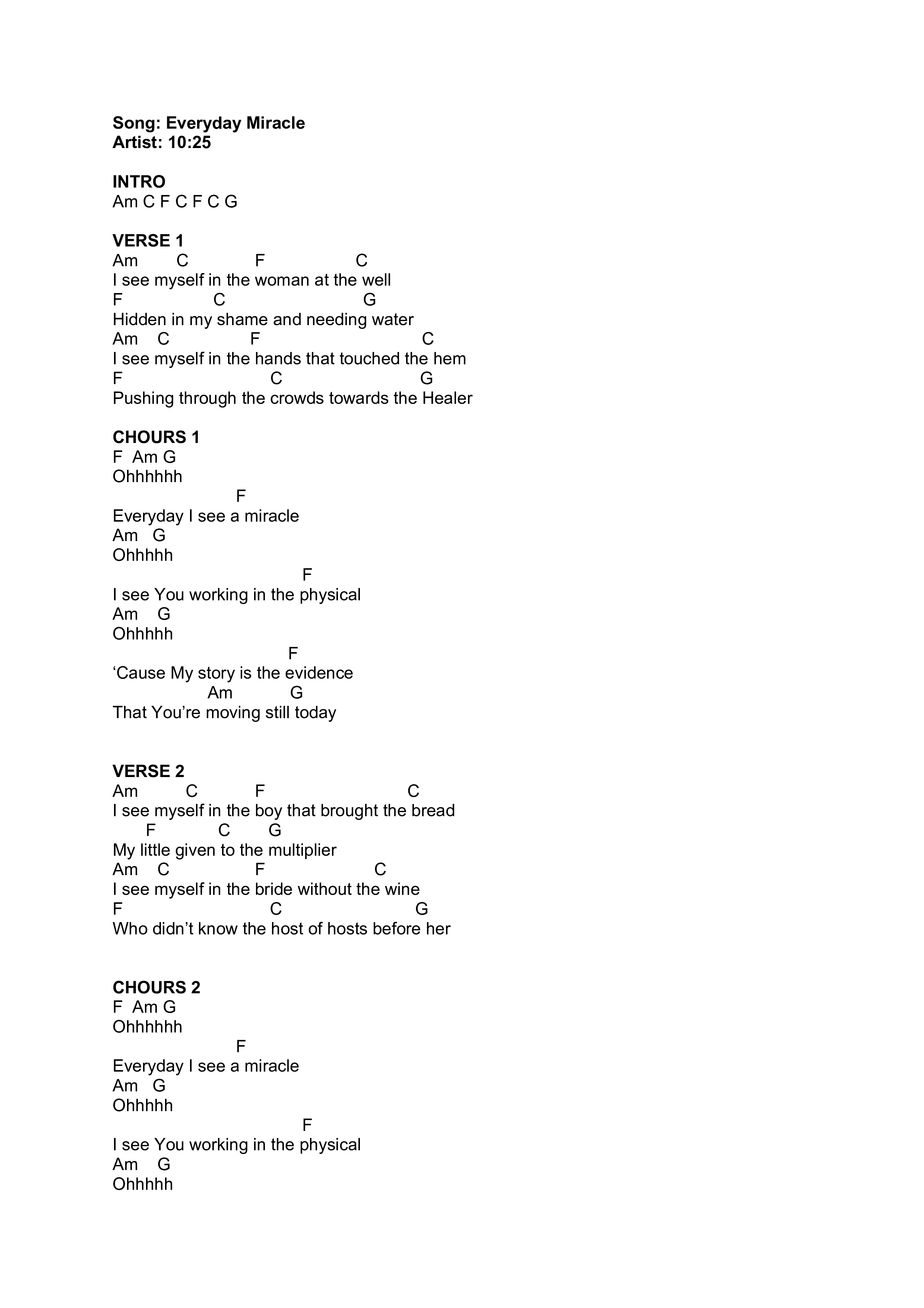 Everyday Miracle Chord Chart (10:25)