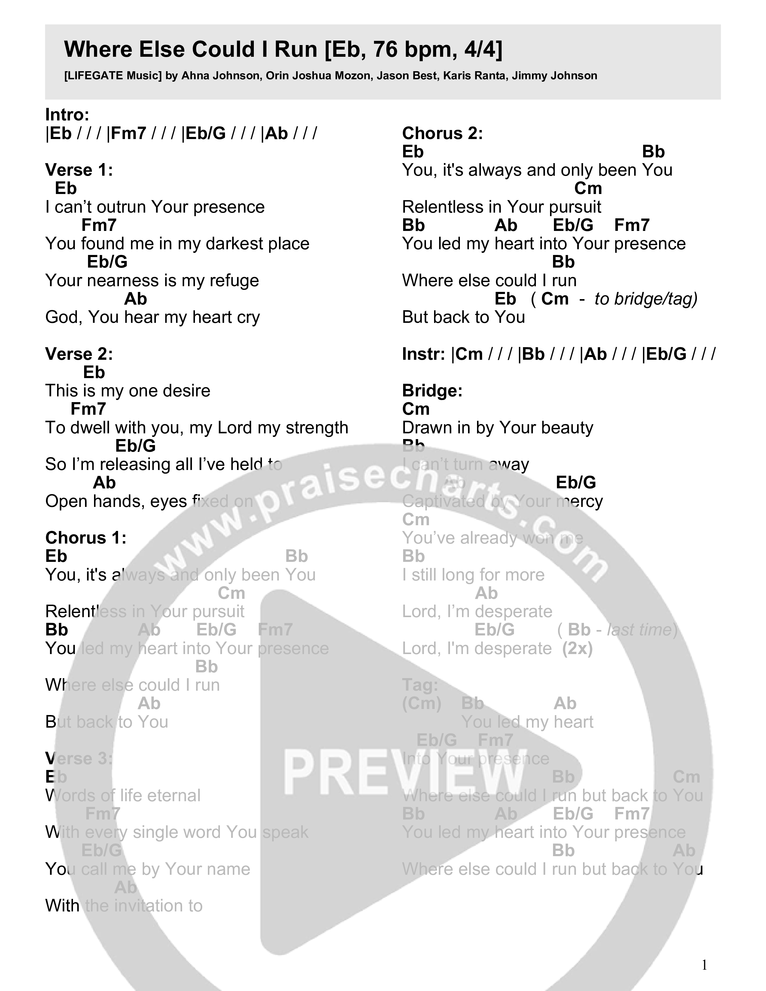 Where Else Could I Run (Live) Chord Chart (LIFEGATE Music / Ahna Johnson)
