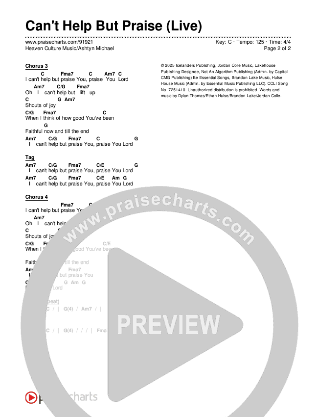 Can't Help But Praise (Live) Chords & Lyrics (Heaven Culture Music / Ashtyn Michael)