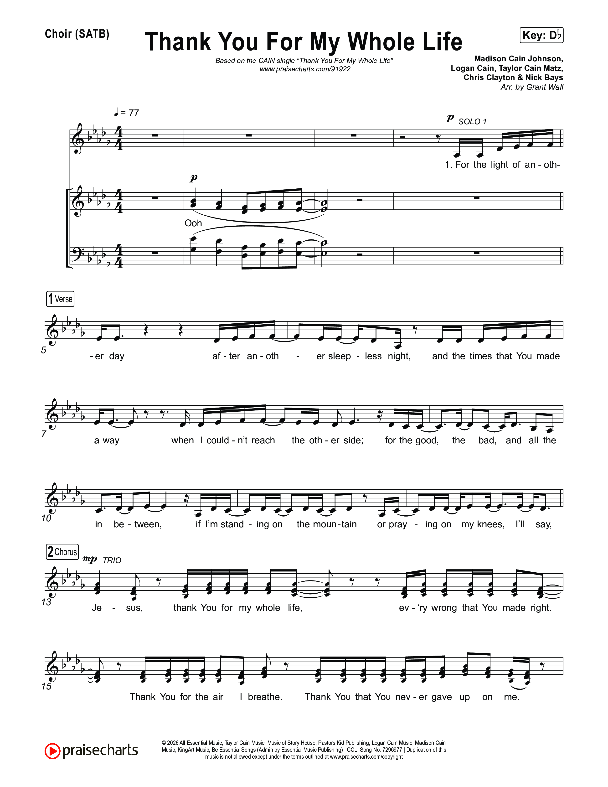 Thank You For My Whole Life Choir Sheet (SATB) (CAIN)