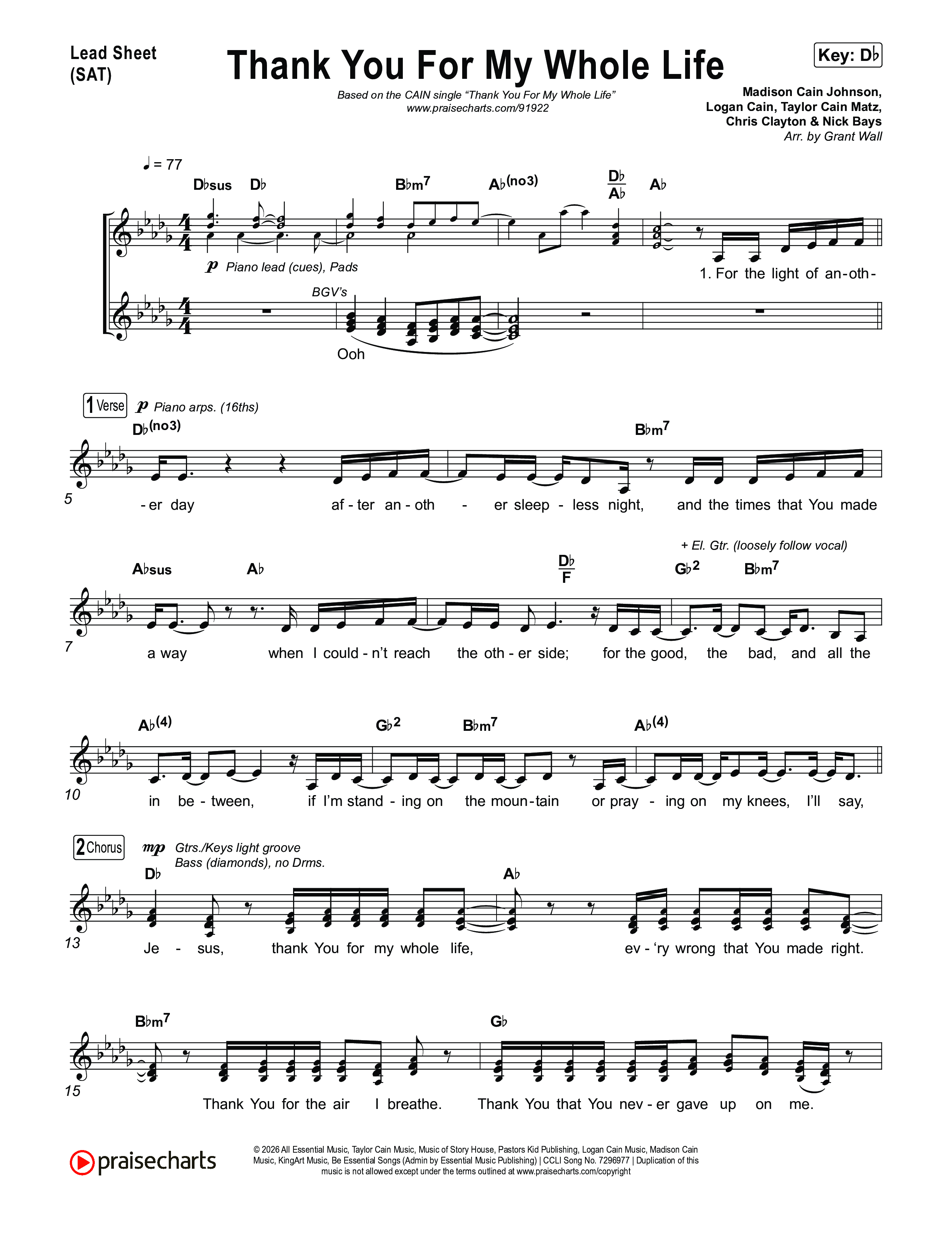 Thank You For My Whole Life Lead Sheet (SAT) (CAIN)