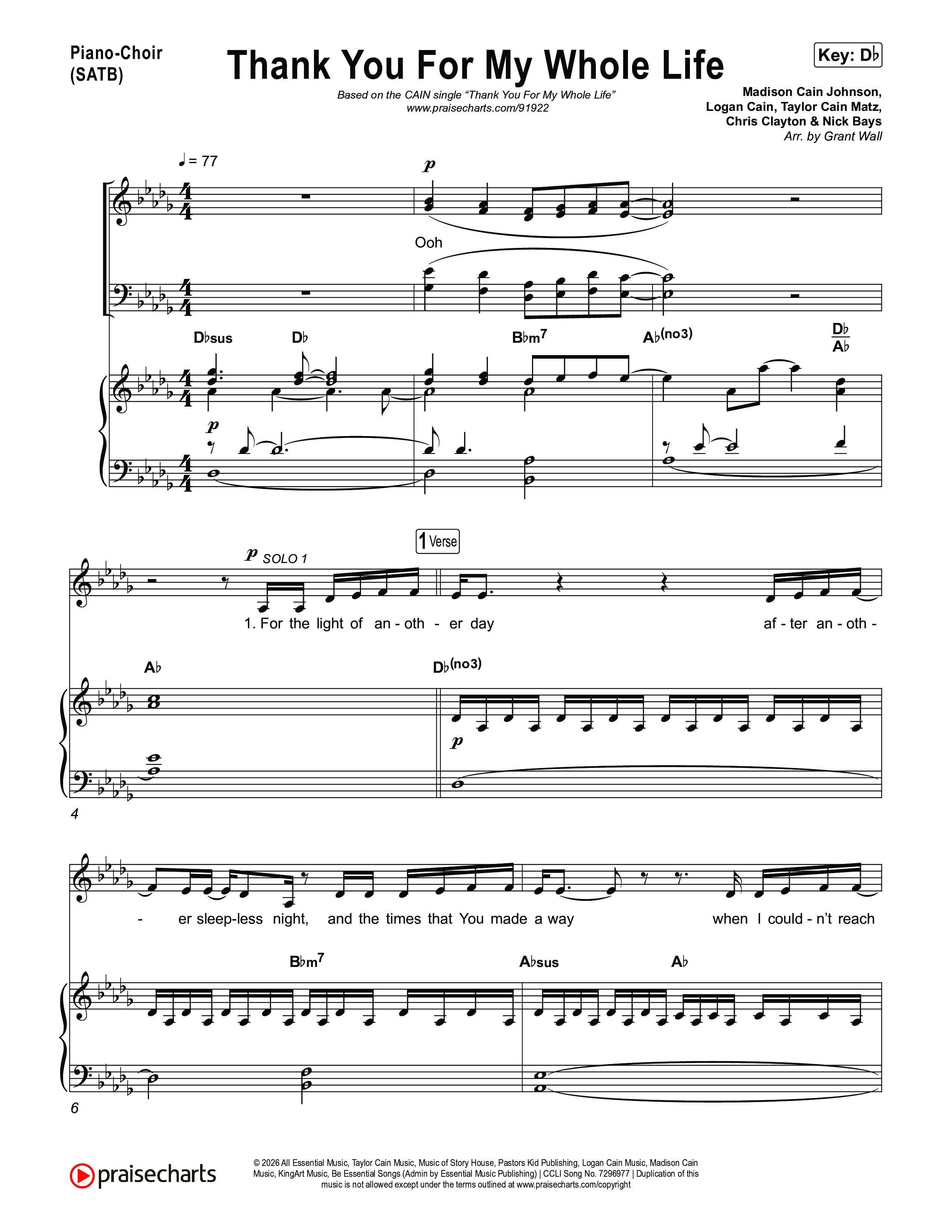 Thank You For My Whole Life Piano/Vocal (SATB) (CAIN)