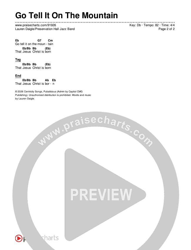 Go Tell It On The Mountain Chords & Lyrics (Lauren Daigle / Preservation Hall Jazz Band)