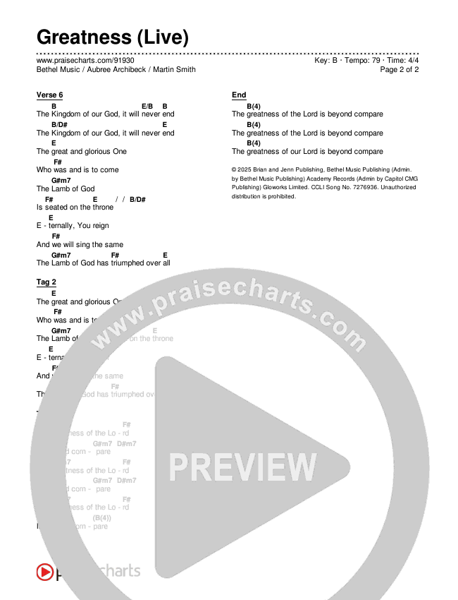 Greatness Chords & Lyrics (Bethel Music / Aubree Archibeck / Martin Smith)